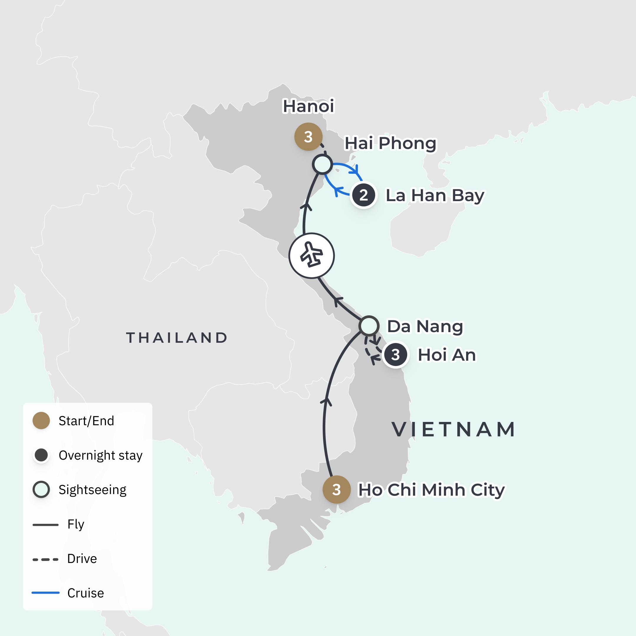 Ultra Lux 12-tägige private Vietnamreise 2027 mit einer Kreuzfahrt in der Lan-Ha-Bucht, Hoi An und opulenten Aufenthalten in Städten route map