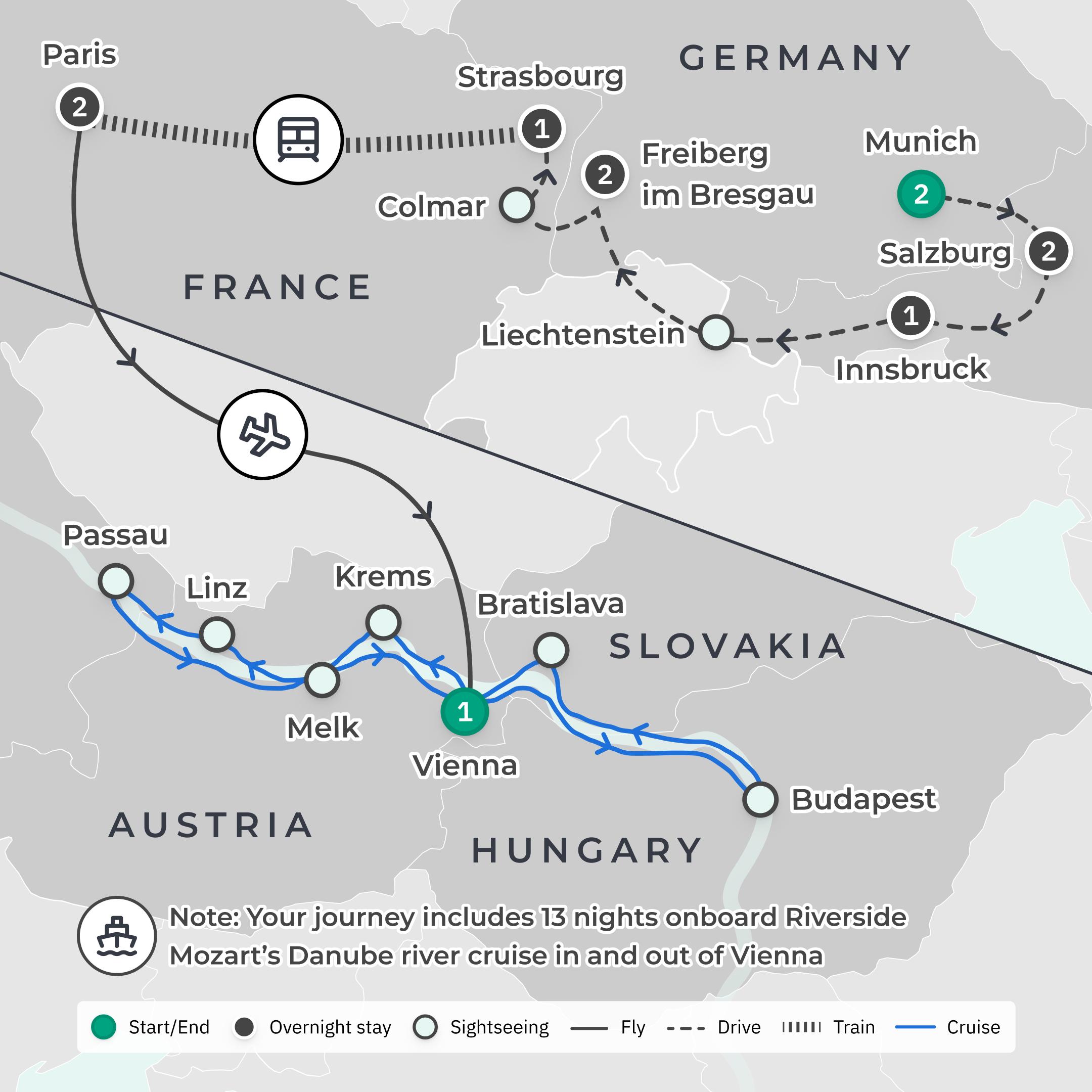 Limited Time Offer: 25-Day Europe Christmas Spectacular Tour with All-Inclusive Riverside Luxury Danube Cruise route map