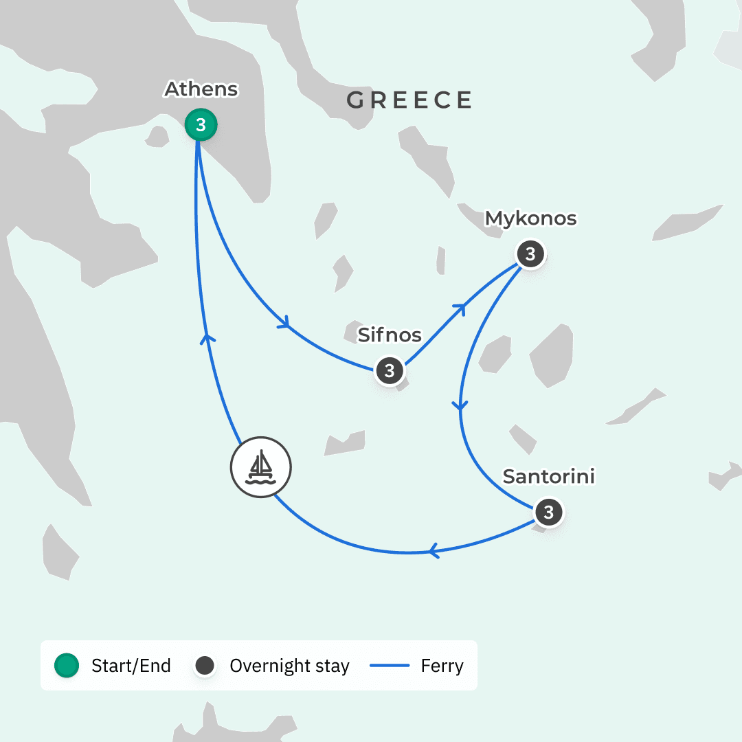 Deluxe Greek Island Hopping Private Tour with Business-Class Fast Ferries & Santorini Sunset Cruise route map