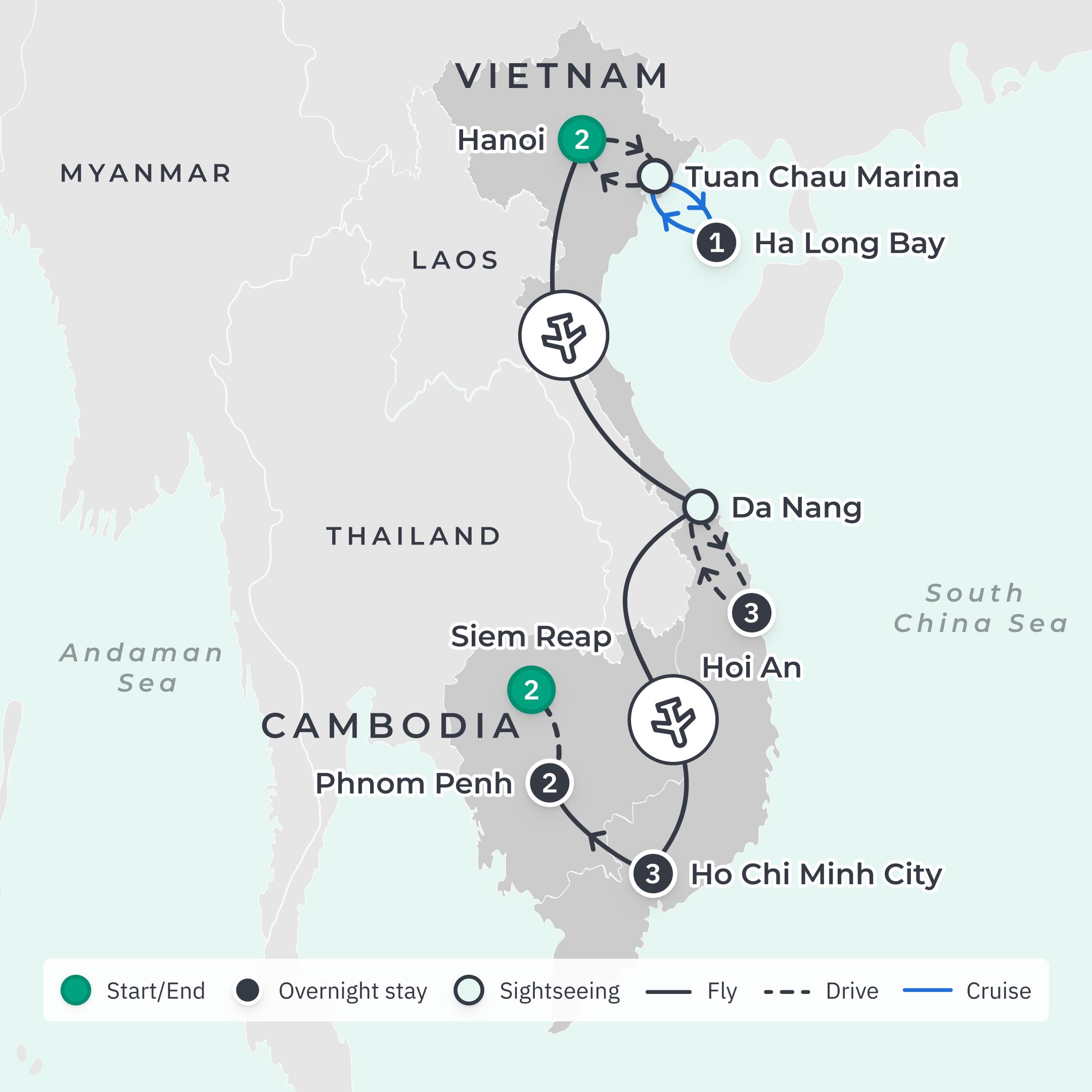 Deluxe 14-Day Vietnam & Cambodia 2027 Discovery with Hoi An, Ha Long Bay & Siem Reap  route map