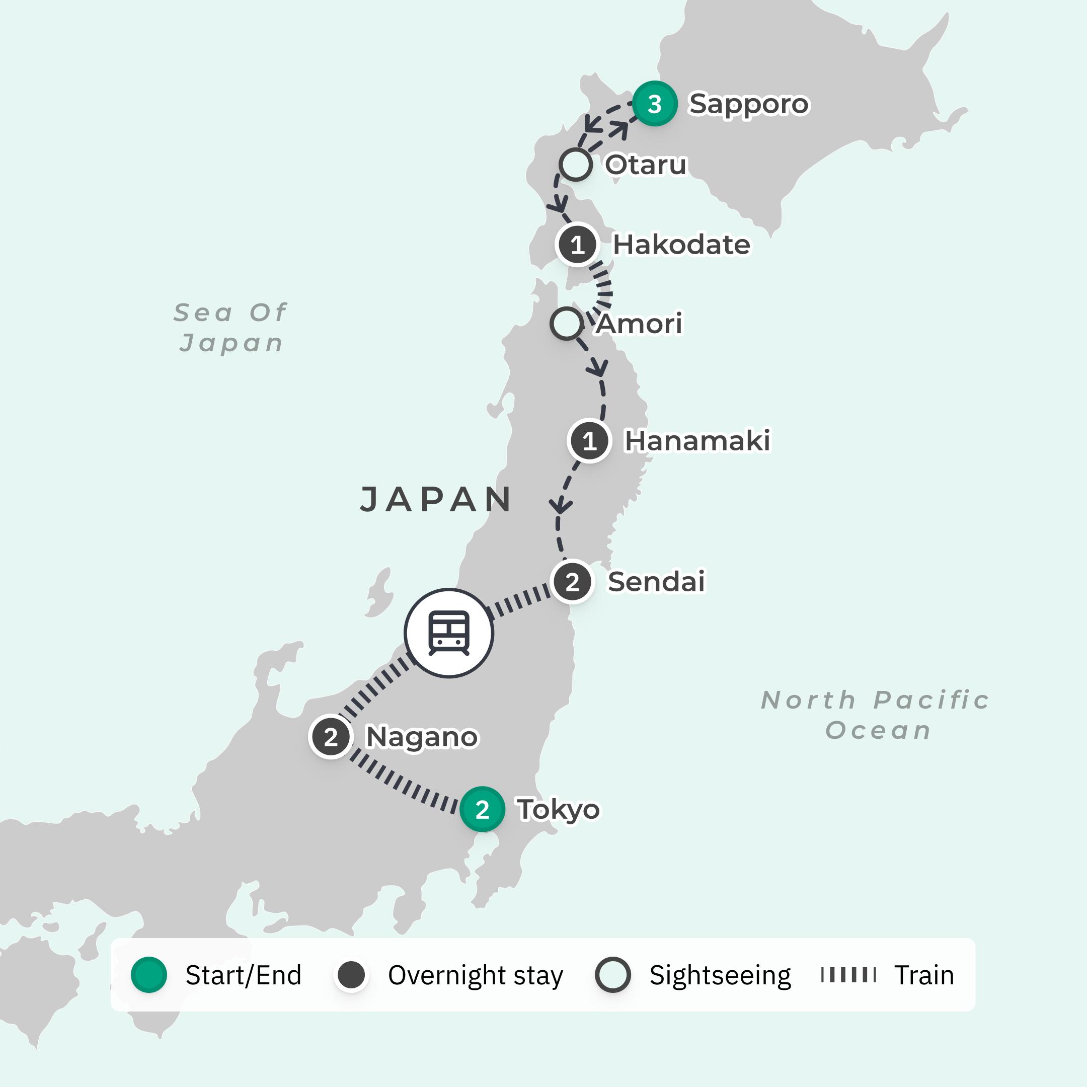 Deluxe 12-Day Northern Japan with Sapporo, Nagano & Tokyo  route map