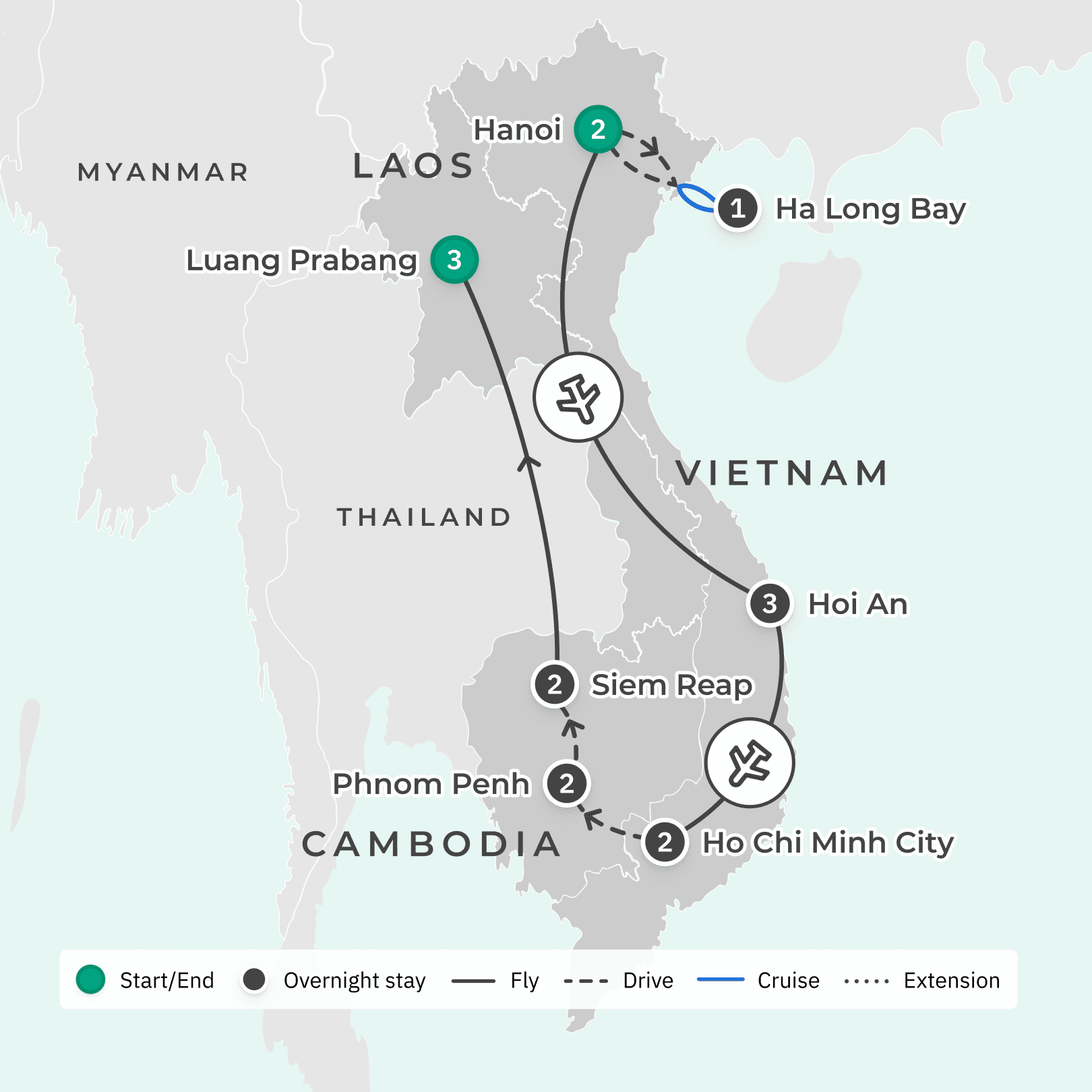 Deluxe 17-Day Indochina Discovery with Hoi An, Siem Reap & Luang Prabang route map