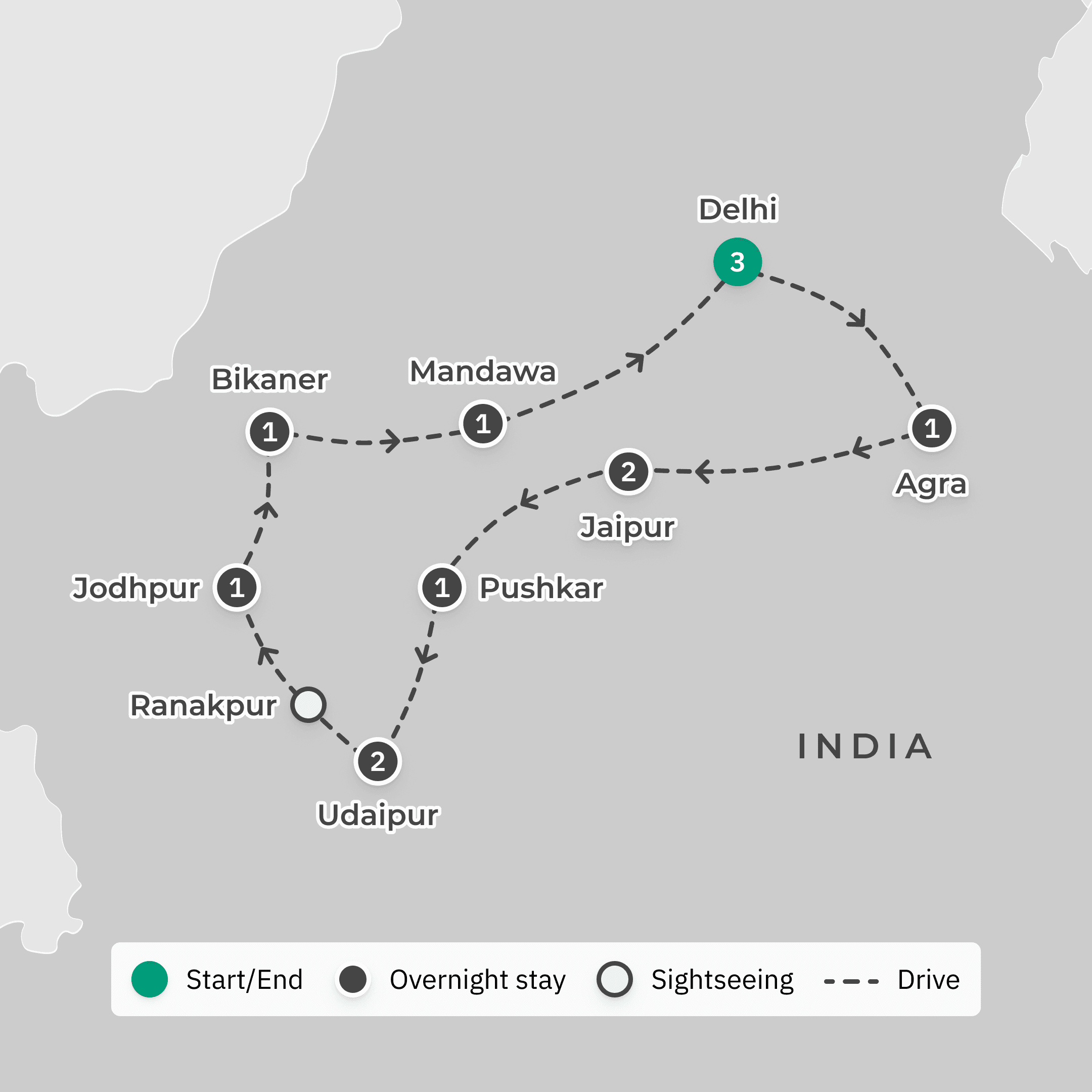 Deluxe 13-Day Colours of Rajasthan with Jaipur, Udaipur & Jodhpur route map