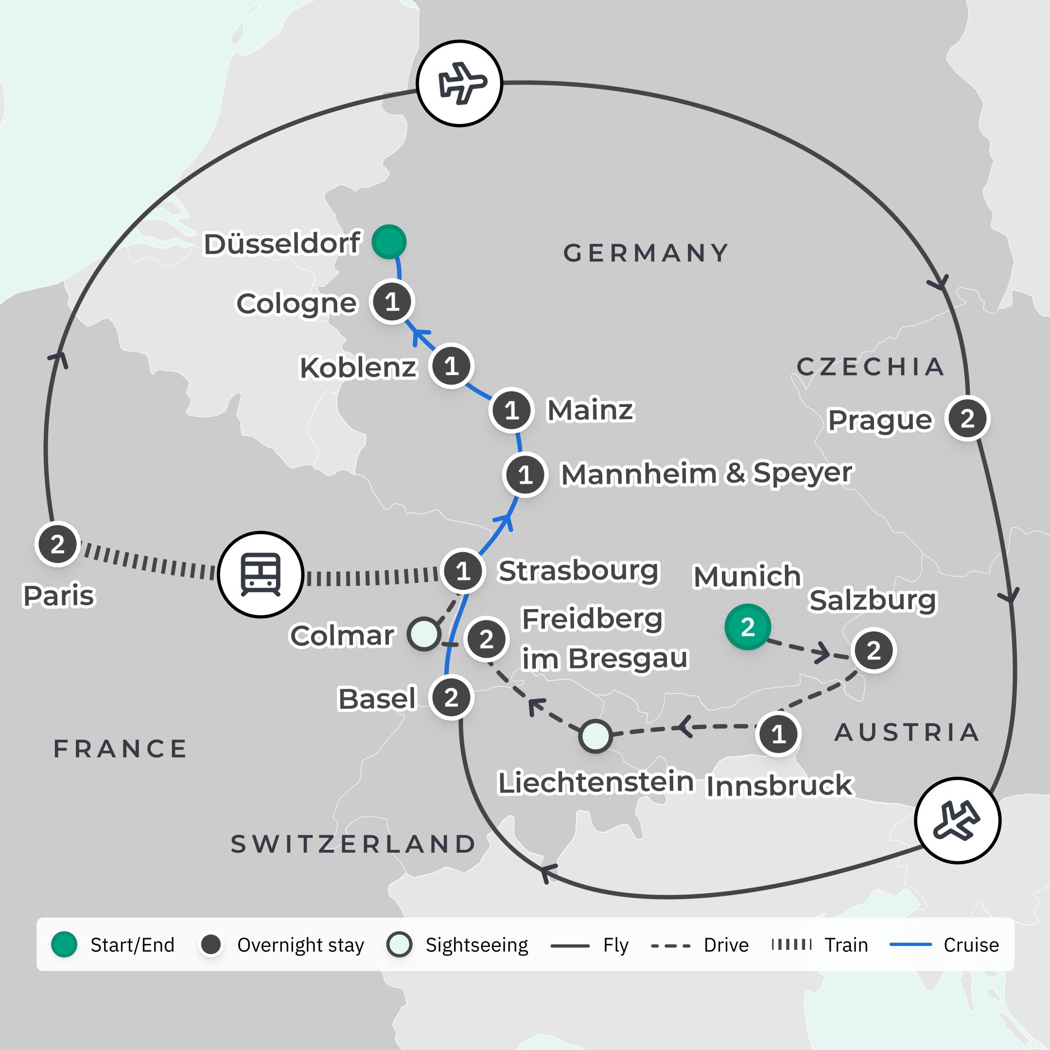 Limited Time Offer: 11-Day Europe Christmas Markets + 5-Night Prague Stay + 7-Night Christmas Rhine River Cruise route map