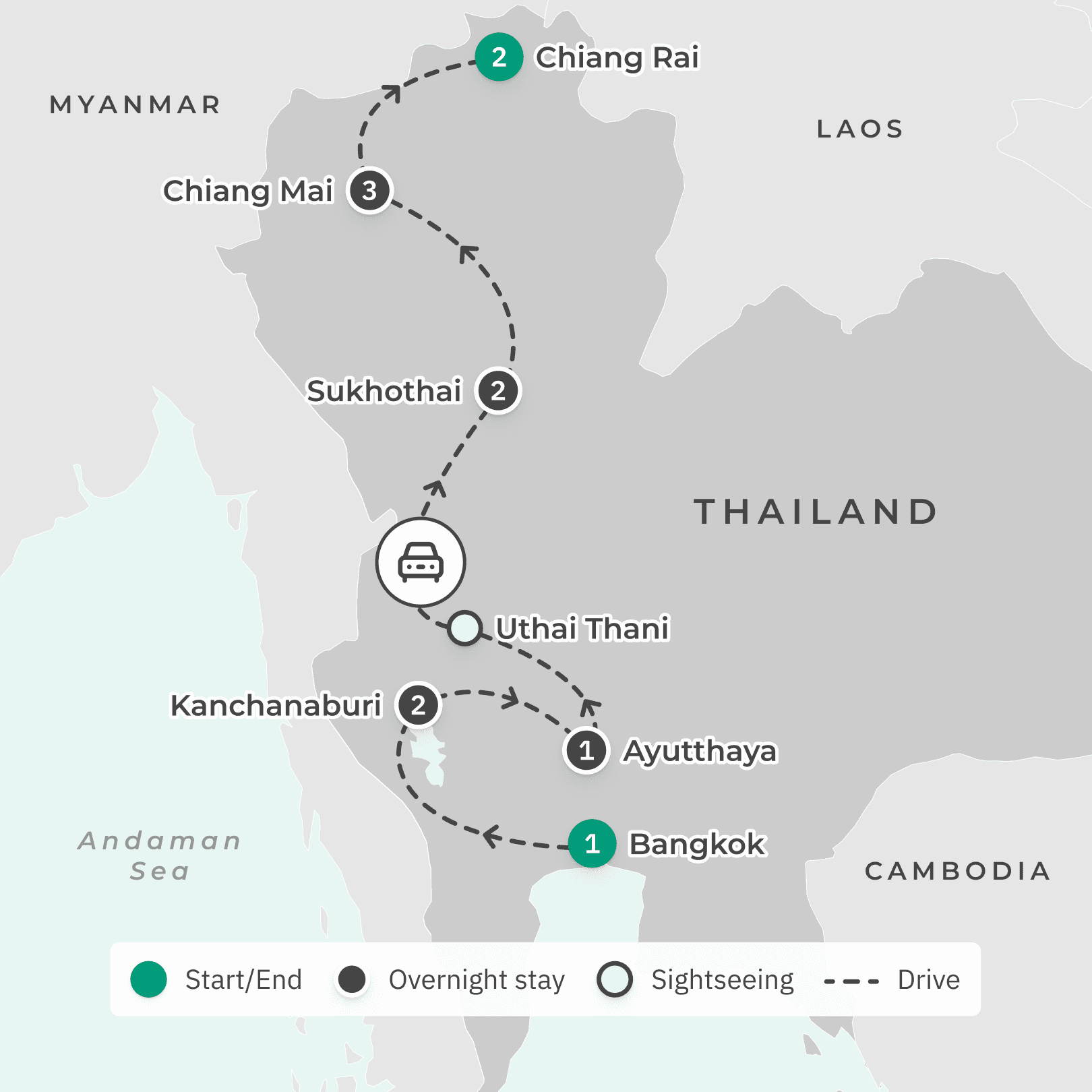 Deluxe 12-Day Best of Northern Thailand 2026 with River Kwai, Chiang Mai & Chiang Rai route map