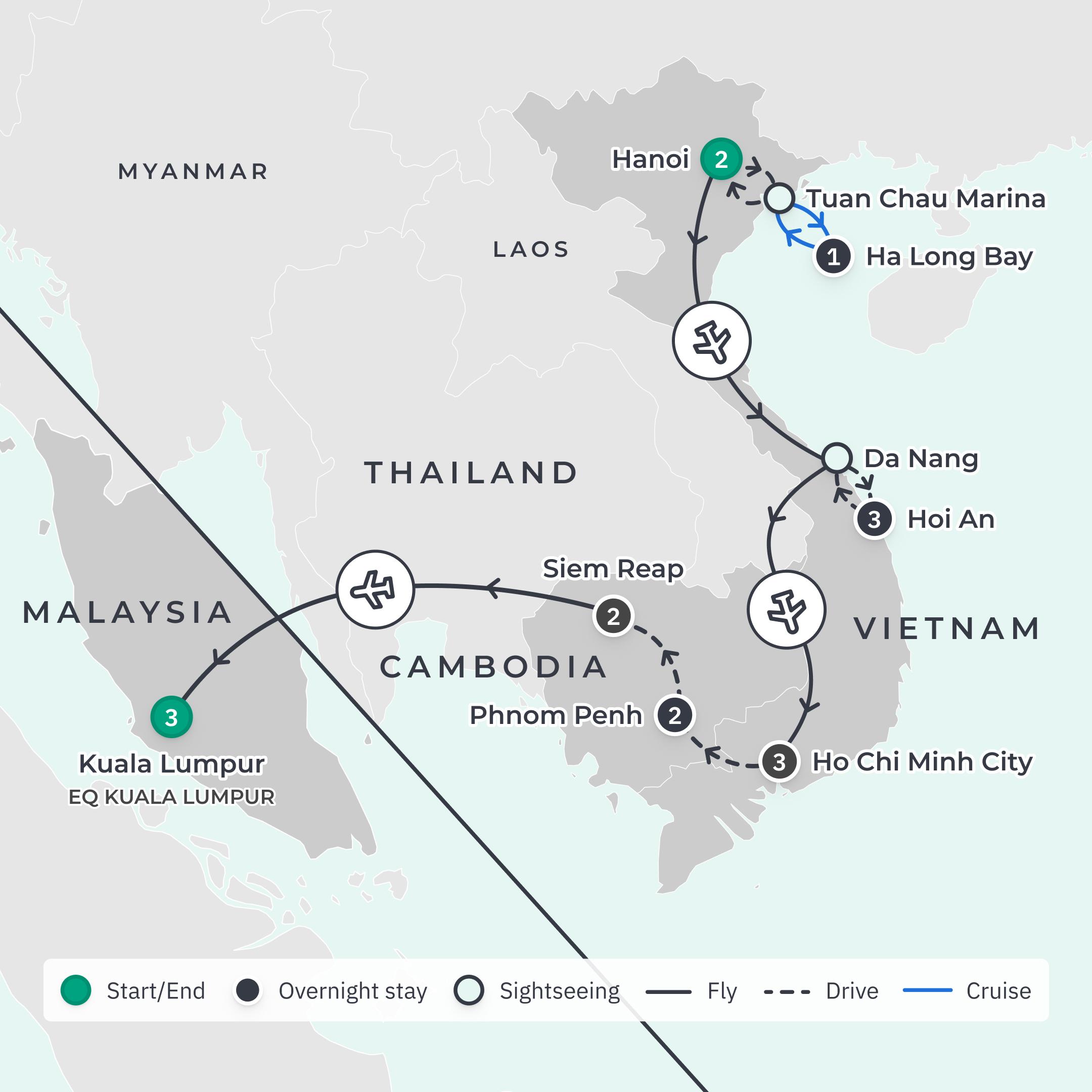 Limited Time Offer: Deluxe 14-Day Vietnam & Cambodia Discovery + 3-Night EQ Kuala Lumpur Escape route map