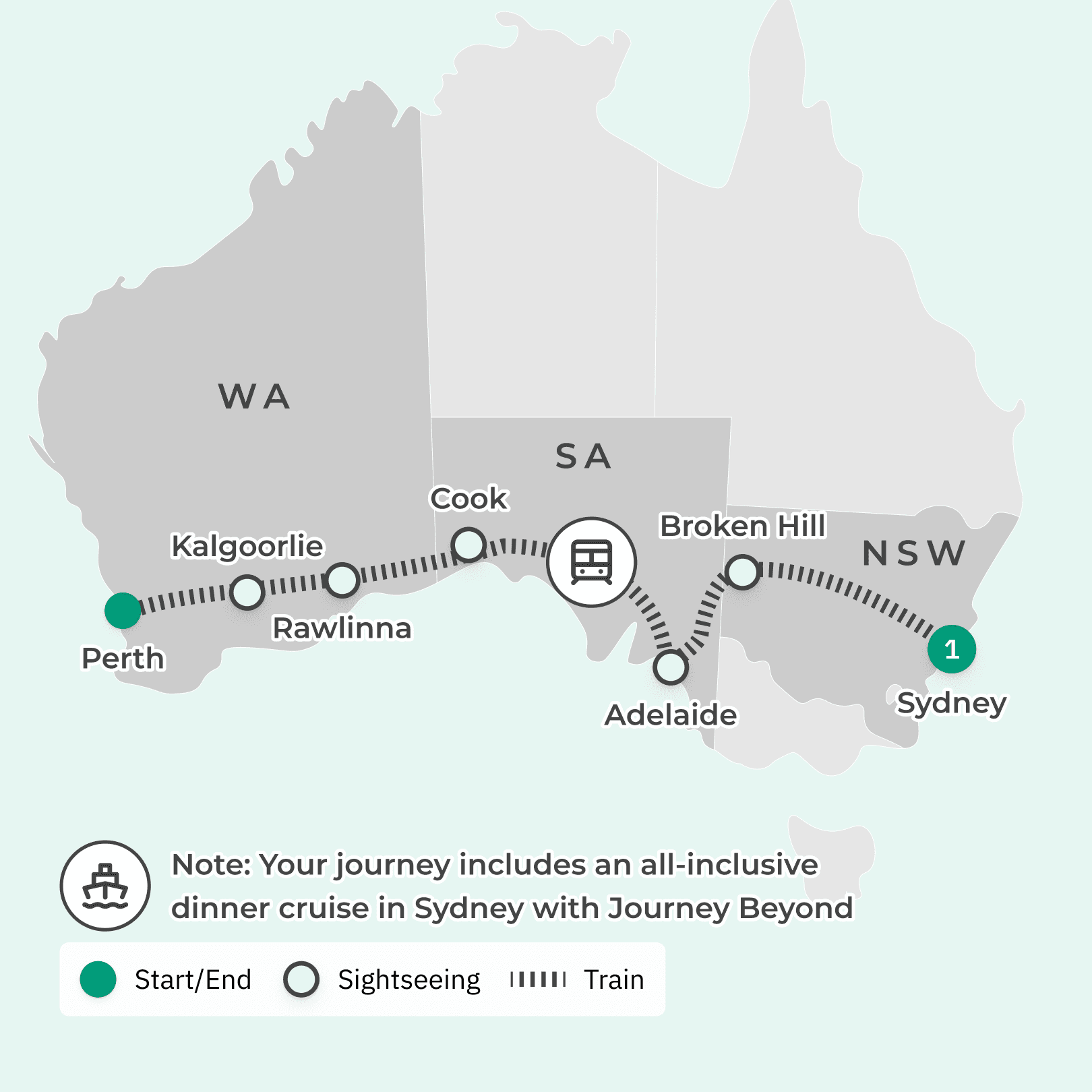 Perth to Sydney: Indian Pacific Rail Journey with Vivid Dinner Cruise, Off-Train Experiences & All-Inclusive On-Train Dining route map