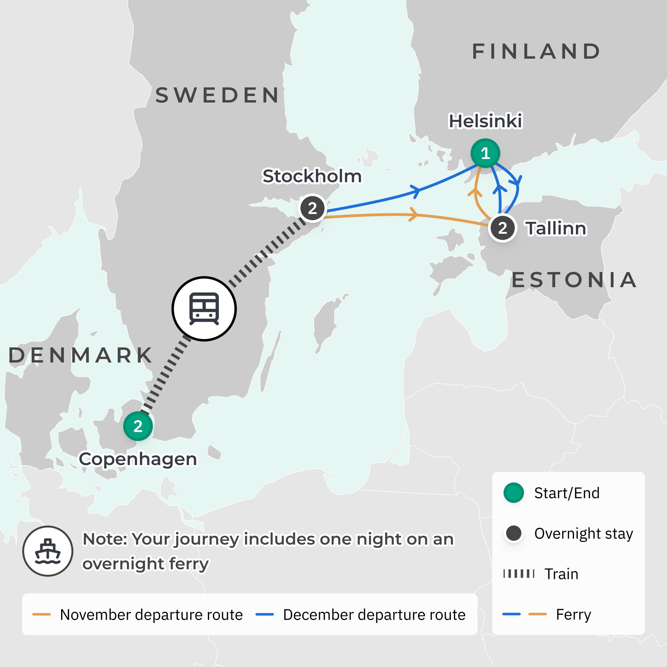 Deluxe 9-Day Northern Europe Christmas Markets 2026 with Copenhagen, Stockholm, Tallinn & Helsinki route map