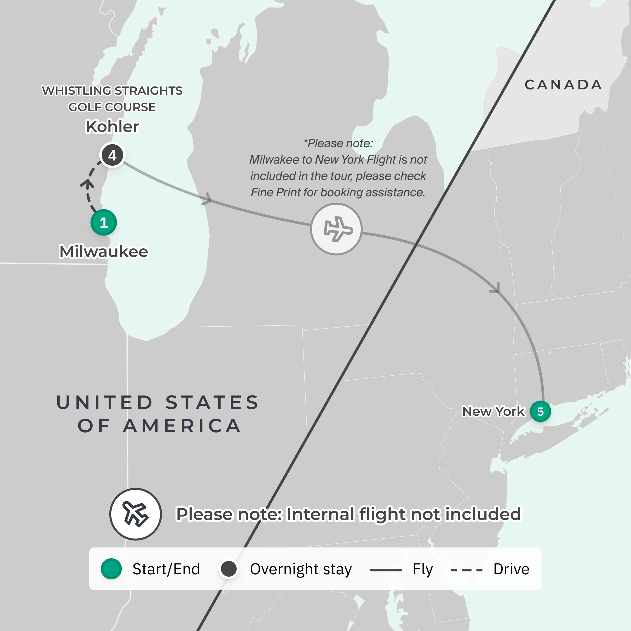 Ryder Cup 11-Day USA Golf Tour with New York Weekend Match Passes & Whistling Straits Golfing route map
