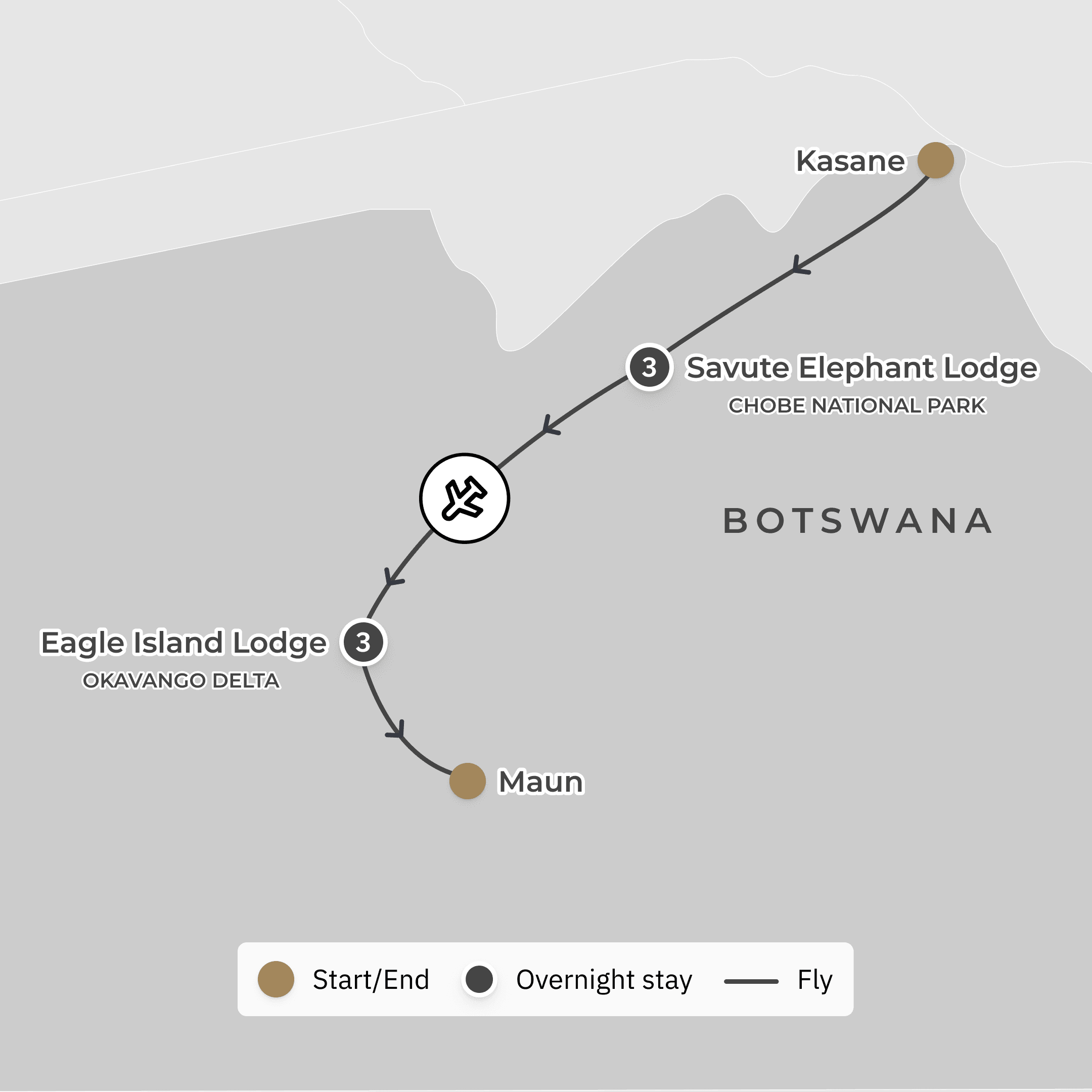 Ultra Lux 7-Day Botswana Private Fly-In Safari with Savute Elephant Lodge, A Belmond Safari route map