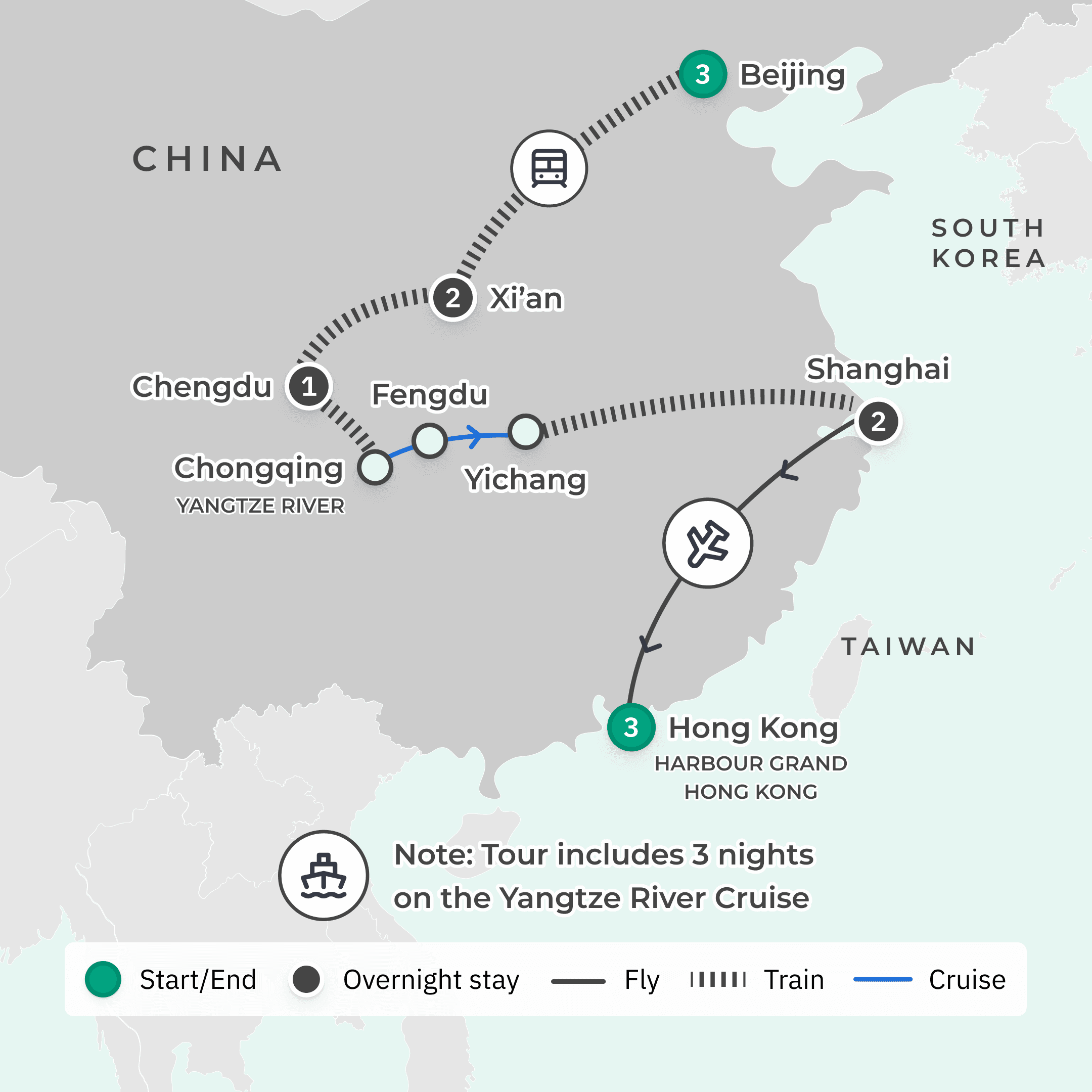 Limited Time Offer: Premium 12-Day China Highlights with Great Wall of China + 3-Night Harbour Grand Hong Kong Stay route map