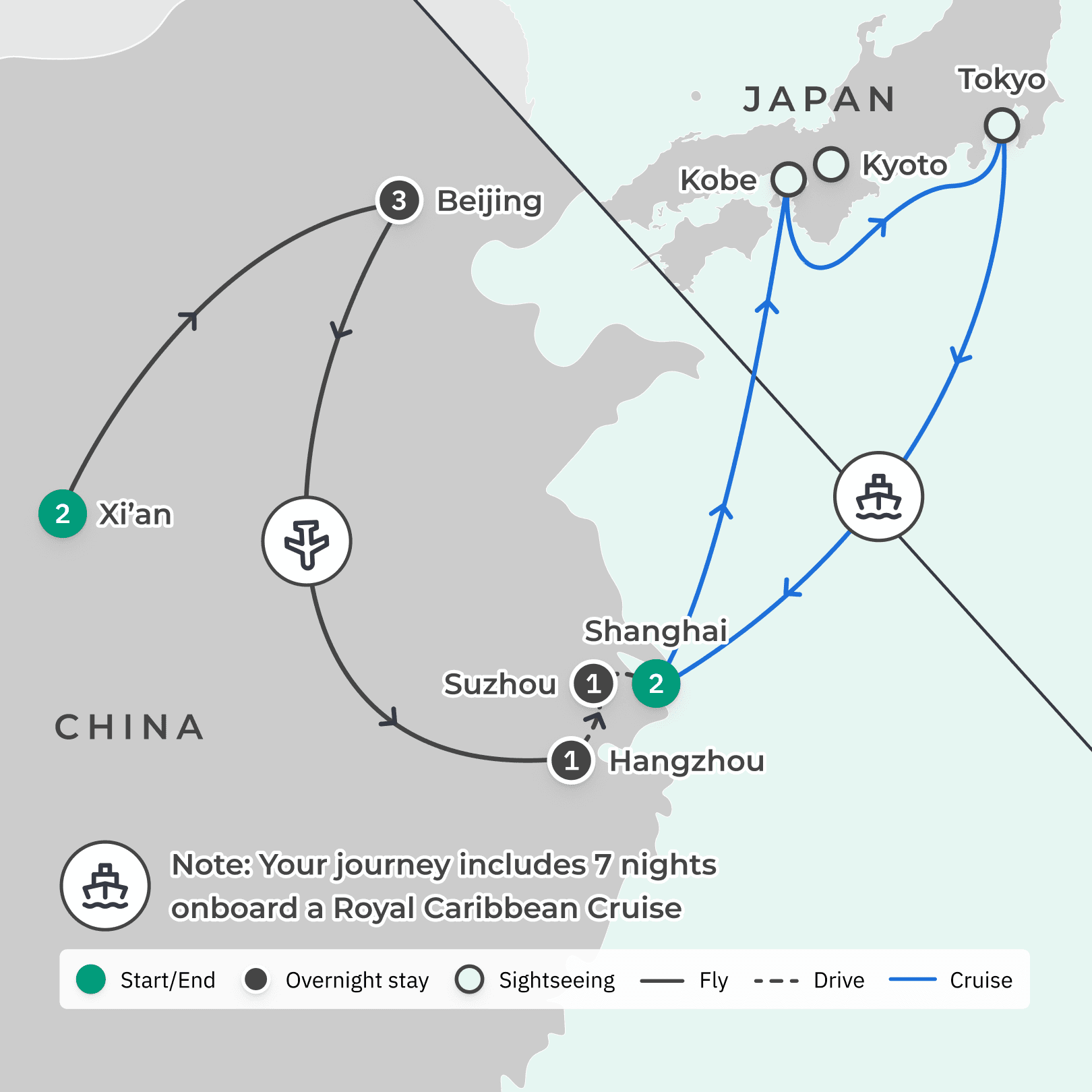 China & Japan 2024: 18-Day Tour & Cruise Combo with Royal Caribbean from Shanghai & Roundtrip International Flights – Balcony Stateroom Upgrade route map
