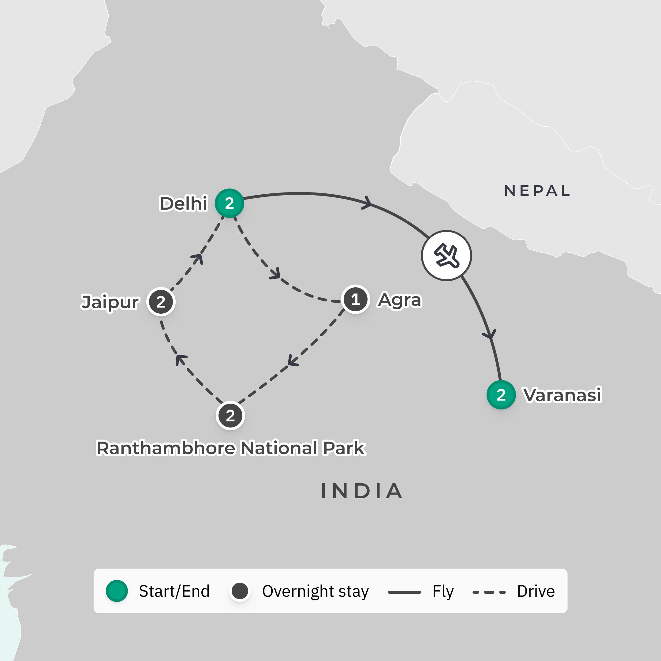 Premium 11-Day Best of India with Golden Triangle, Ranthambore Tiger Safari & Varanasi route map