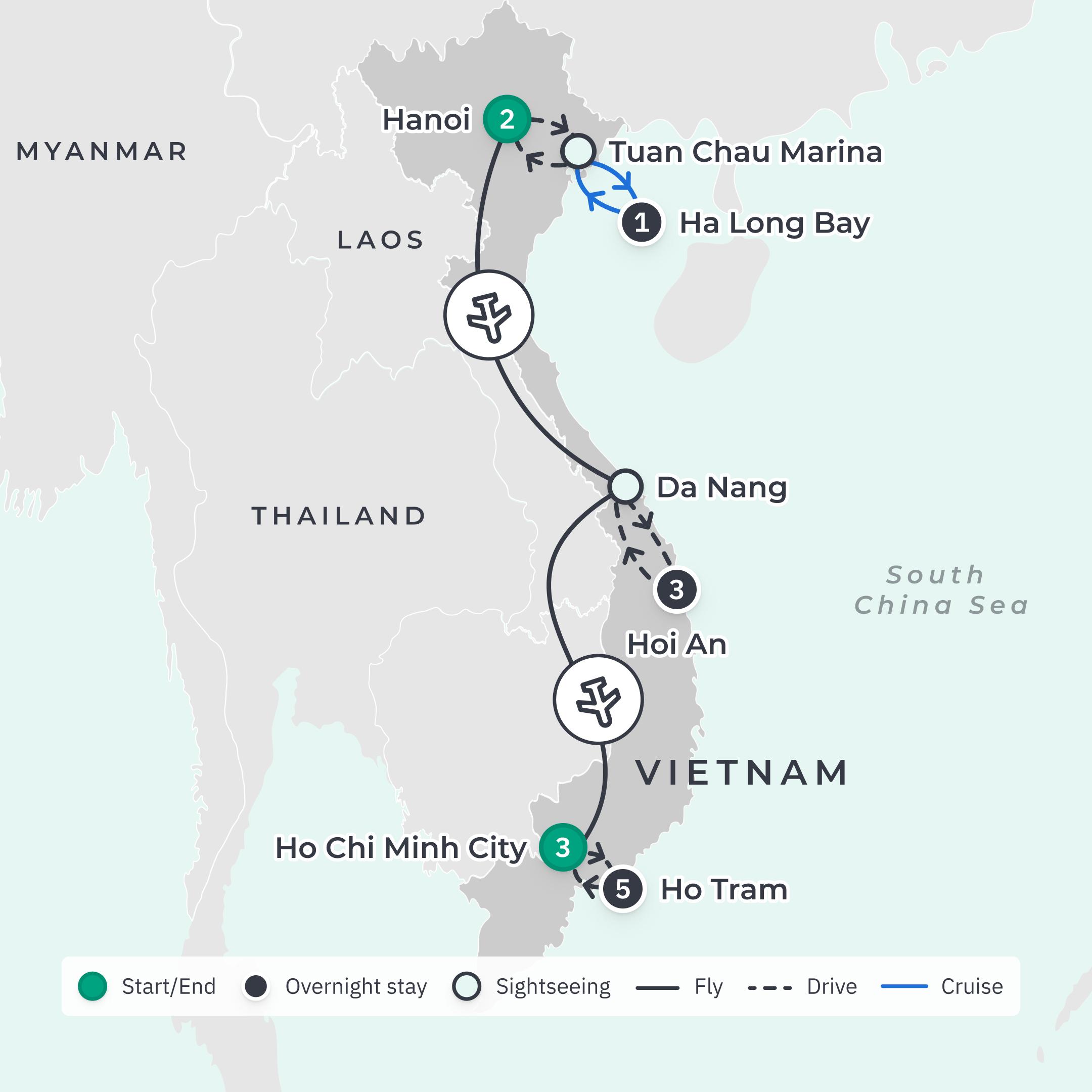 Limited Time Offer: 10-Day Vietnam Highlights Tour with BONUS Experiences & 5-Night Meliá Ho Tram Stay route map