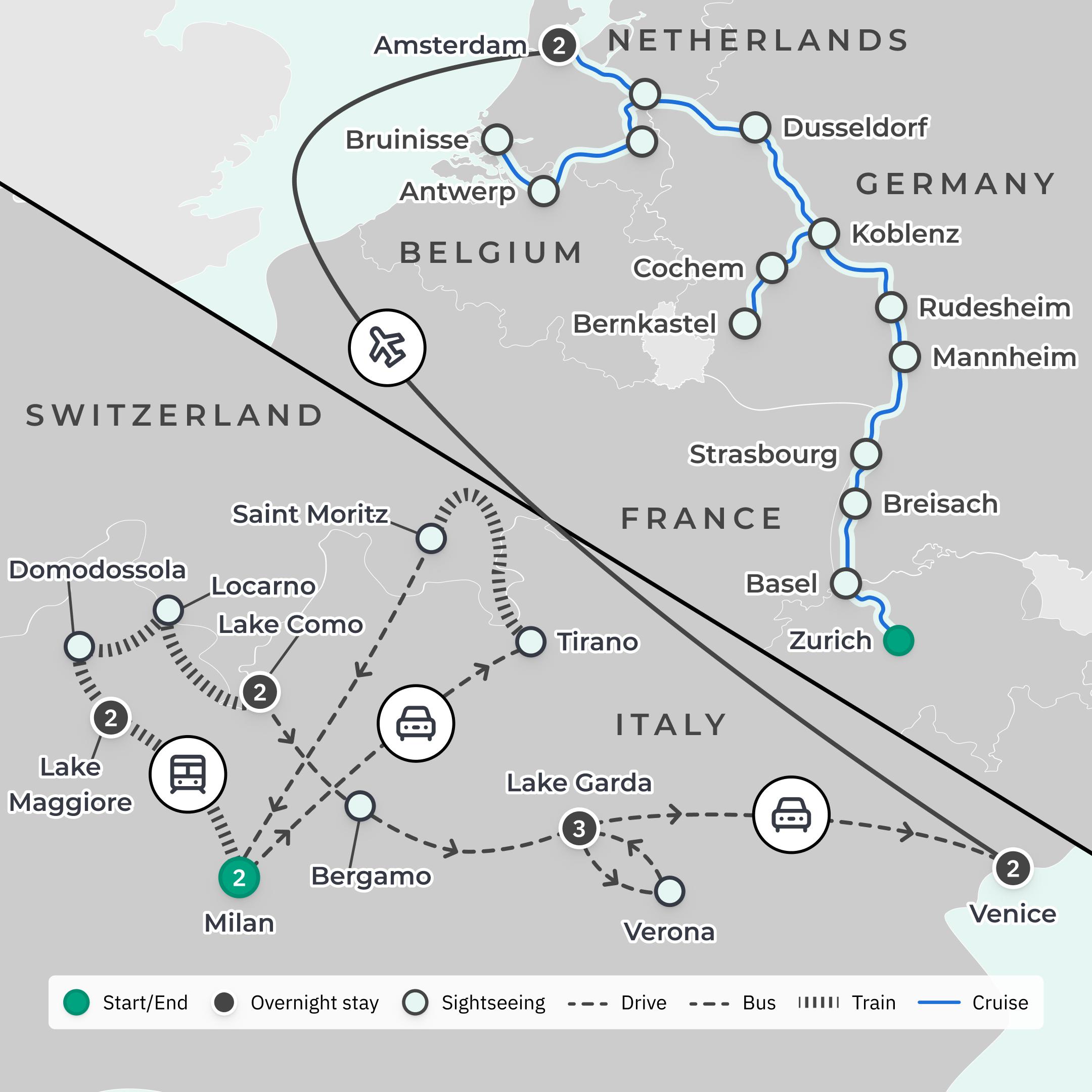 Limited Time Offer: 12-Day Best of Northern Italian Lakes + 15-Day Scenic Rhine & Moselle River Luxury Cruise route map
