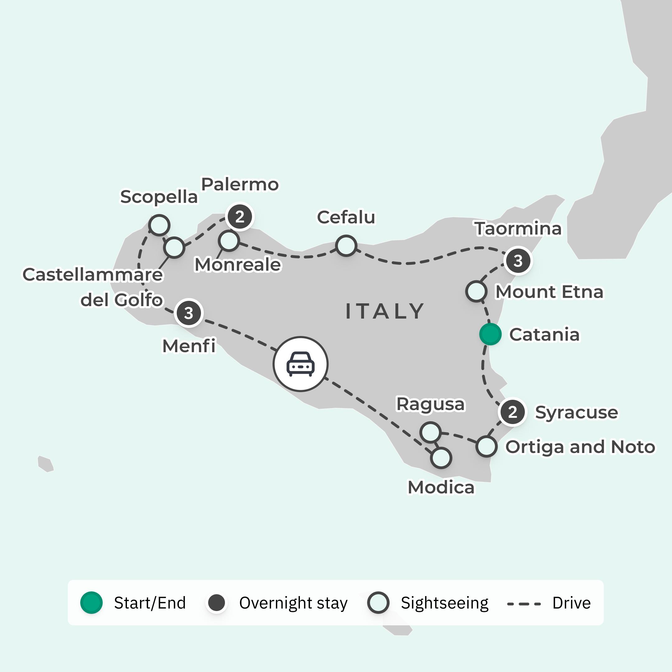 Premium 11-Day Sicily Discovery with Palermo, Taormina, Vineyard Estate Stay & Mount Etna route map
