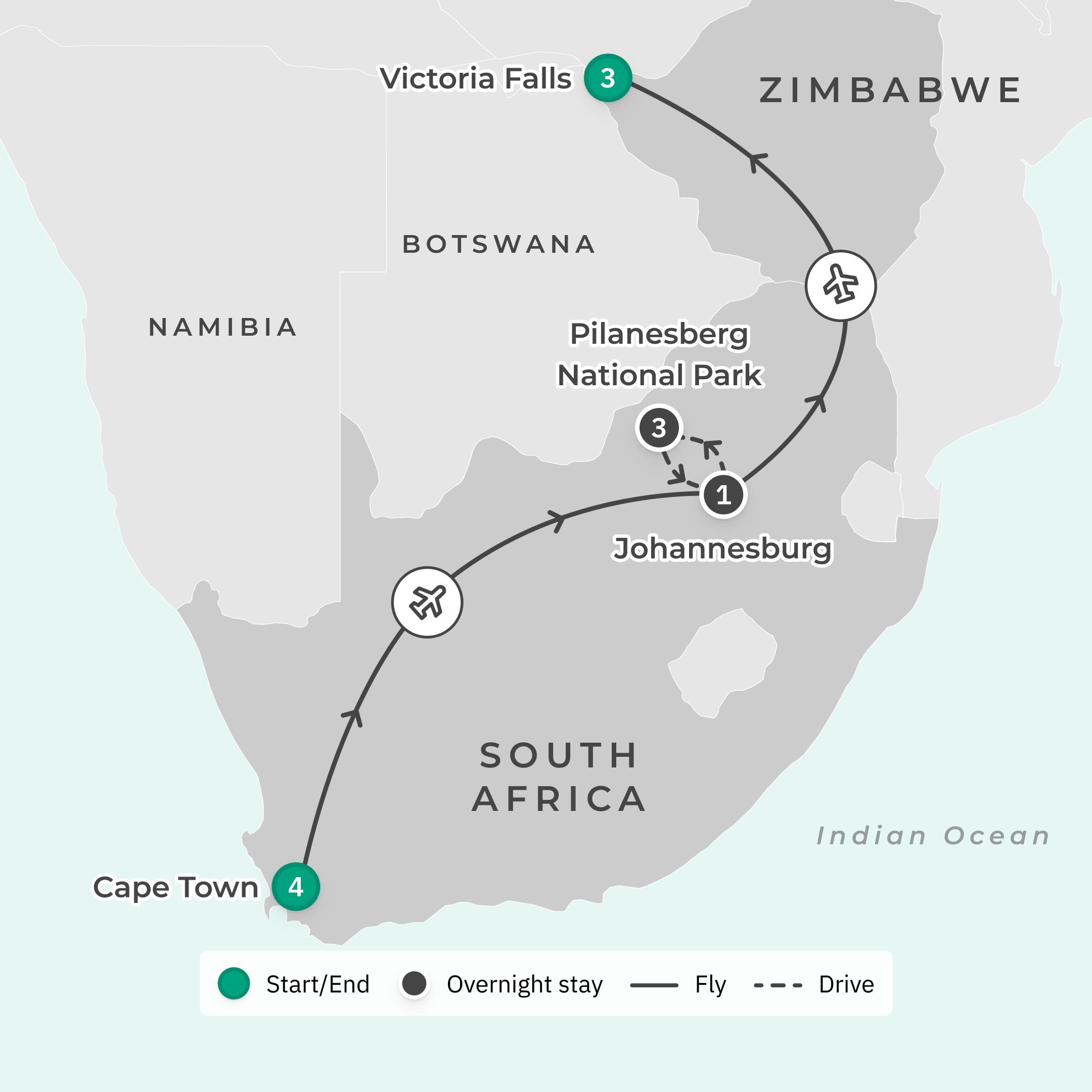 Deluxe Private 12-Day South Africa & Zimbabwe Tour with Five-Star Safari Lodge & Victoria Falls route map