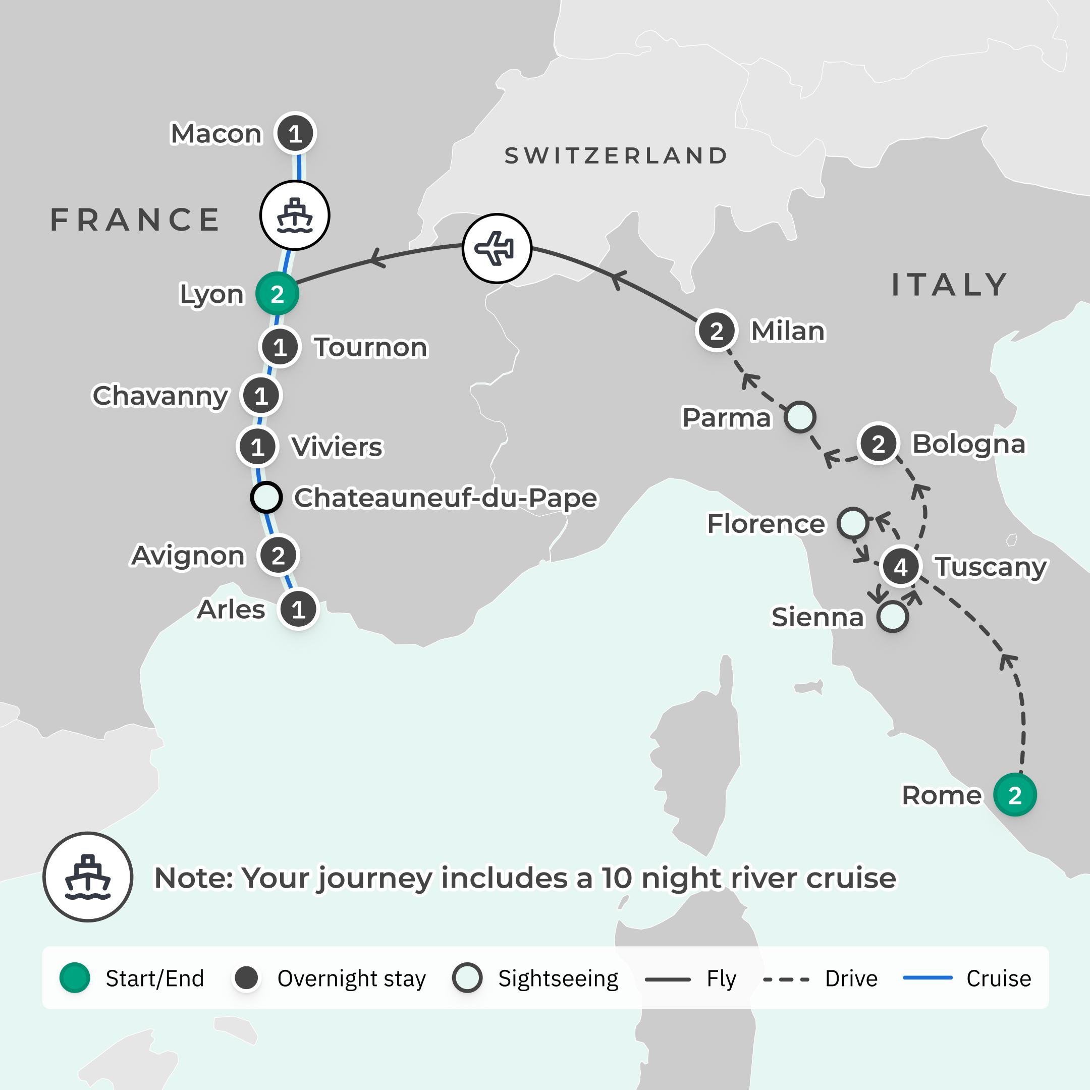Limited Time Offer: 11-Day Italy Culinary Journey with Tuscany + Lyon Stay & 11-Day France River Scenic Cruise route map