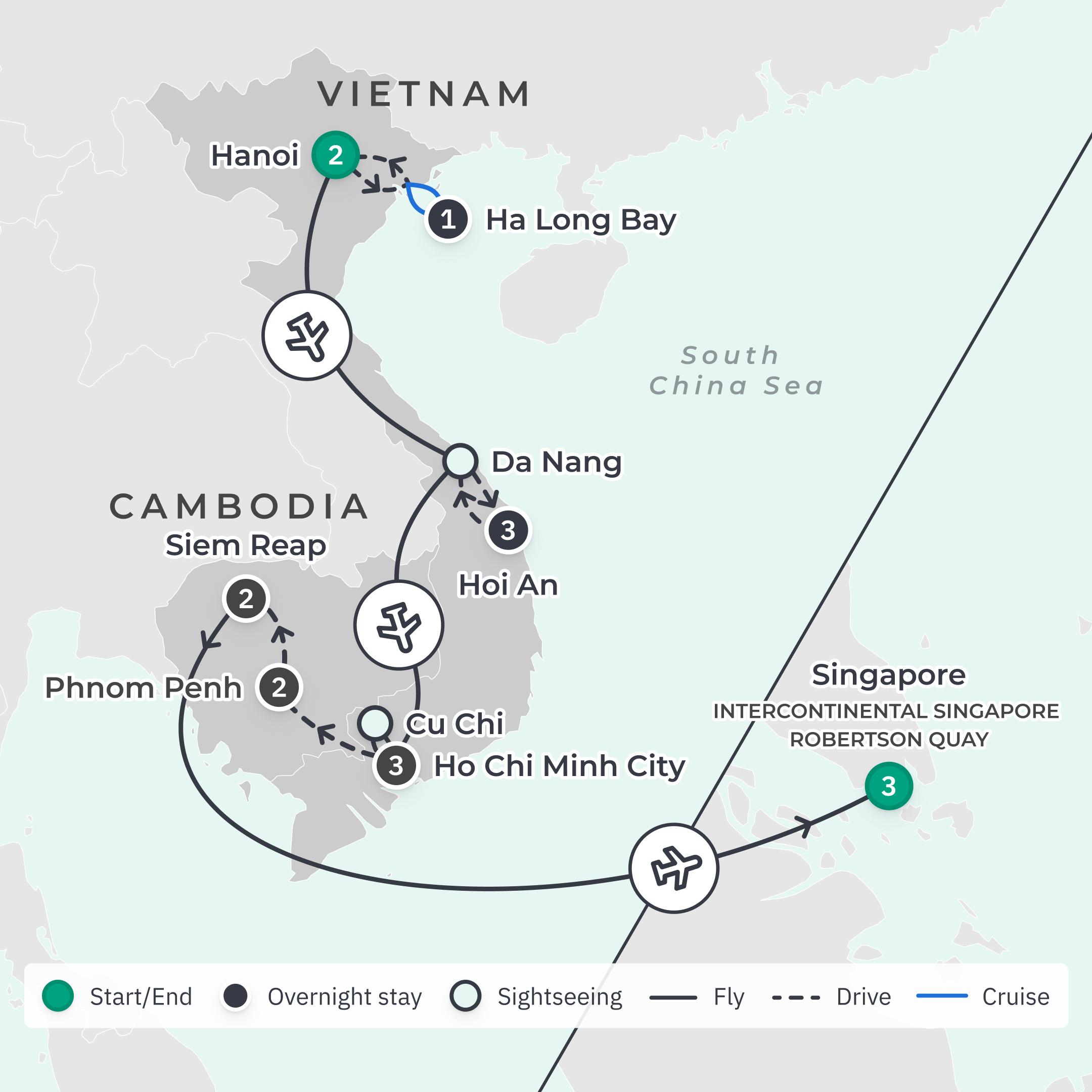 Limited Time Offer: 14-Day Deluxe Vietnam & Cambodia + 3-Night InterContinental Singapore Robertson Quay Stay route map