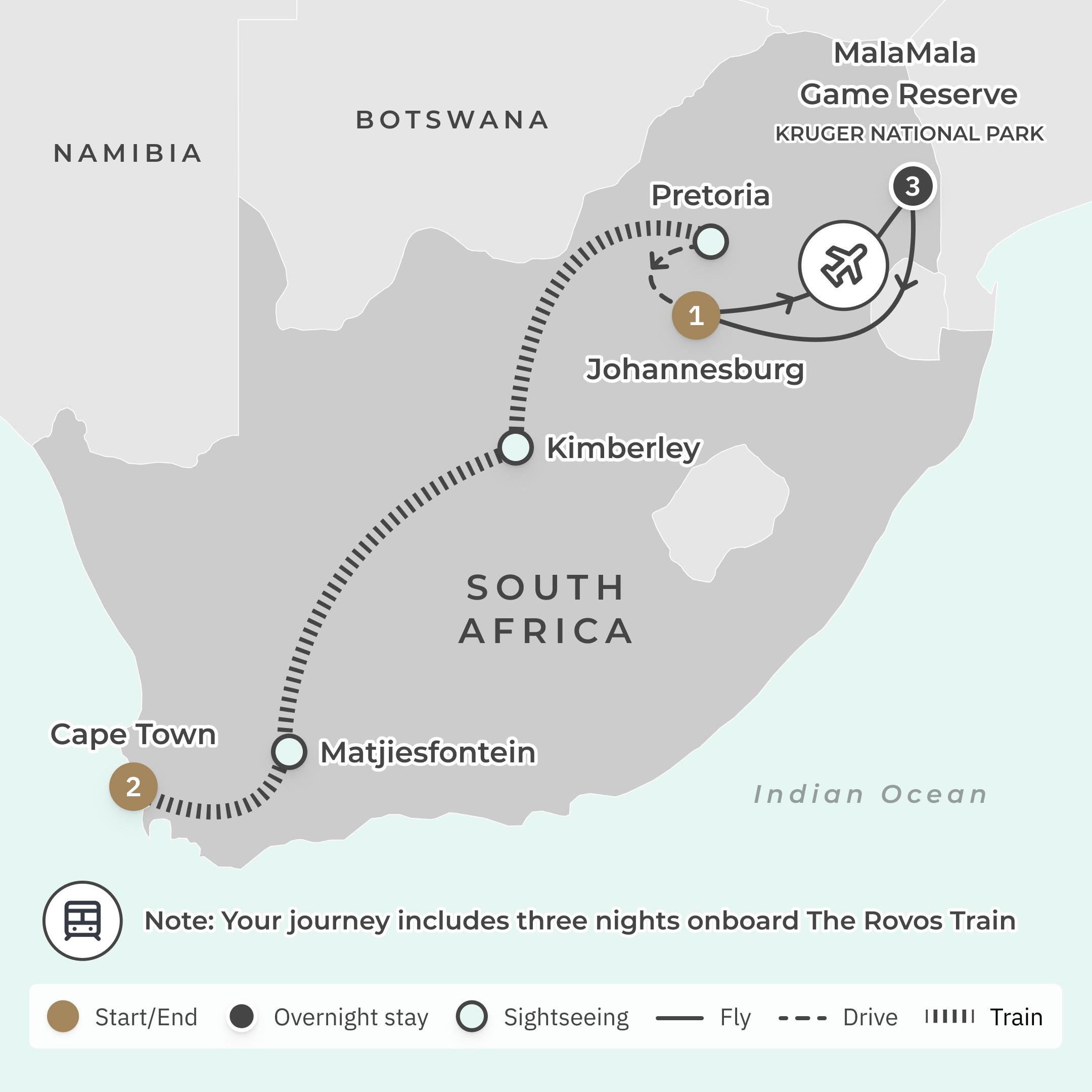Ultra-Lux South Africa 10-Day Private Safari with Rovos Rail, Iconic Mount Nelson Luxury & All-Inclusive MalaMala Camp route map