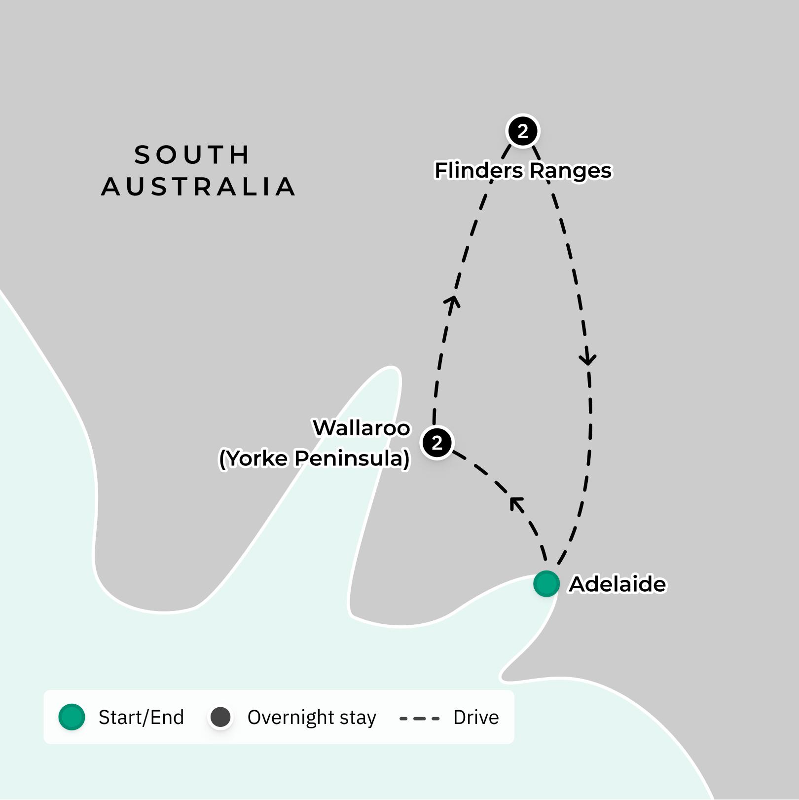 Last Chance: Yorke Peninsula, Copper Coast & Flinders Ranges Tour with Daily Dining & Unique Outback Experiences route map