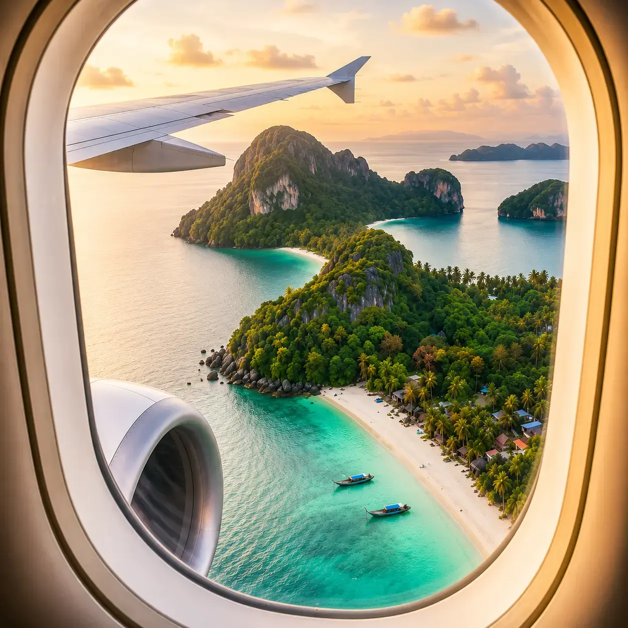 Blick aus dem Flugzeugfenster auf eine tropische Insel