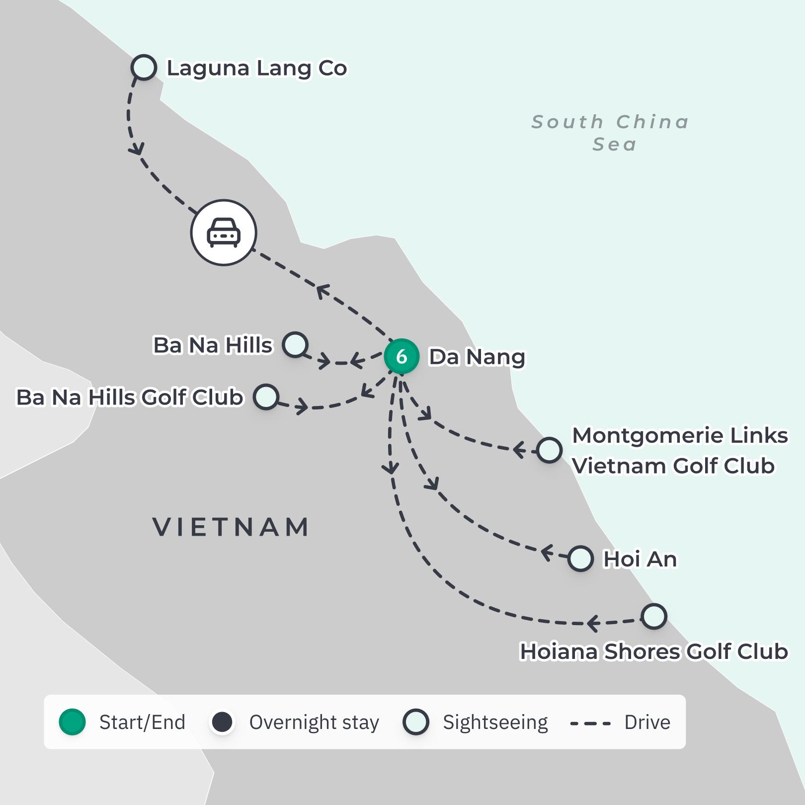 Premium 7-Day Private Vietnam Golf Tour with Championship Courses, Five-Star Da Nang Stay & Ba Na Hills route map