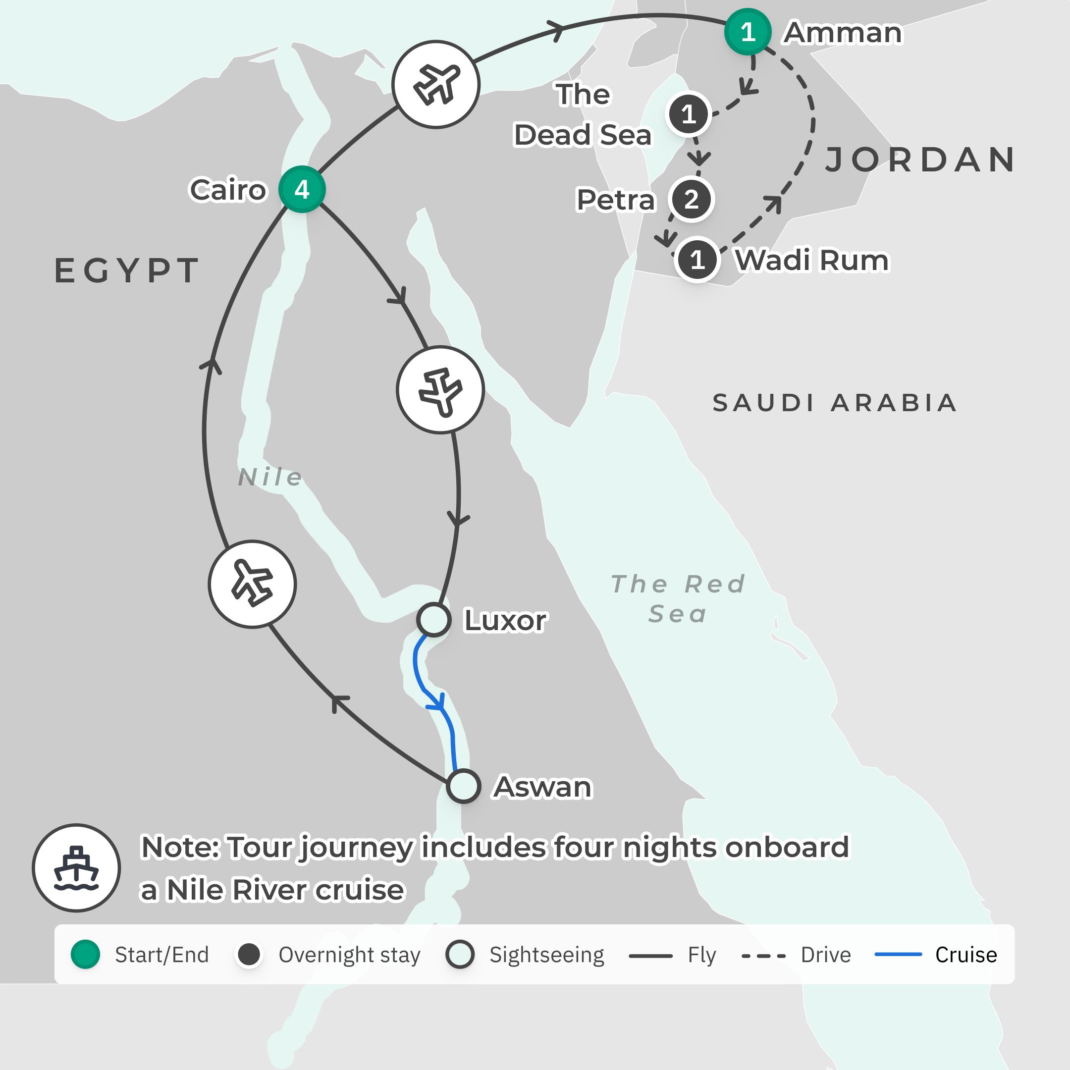 Deluxe 14-Day Egypt & Jordan Discovery 2027 with Dead Sea, Petra & Wadi Rum route map