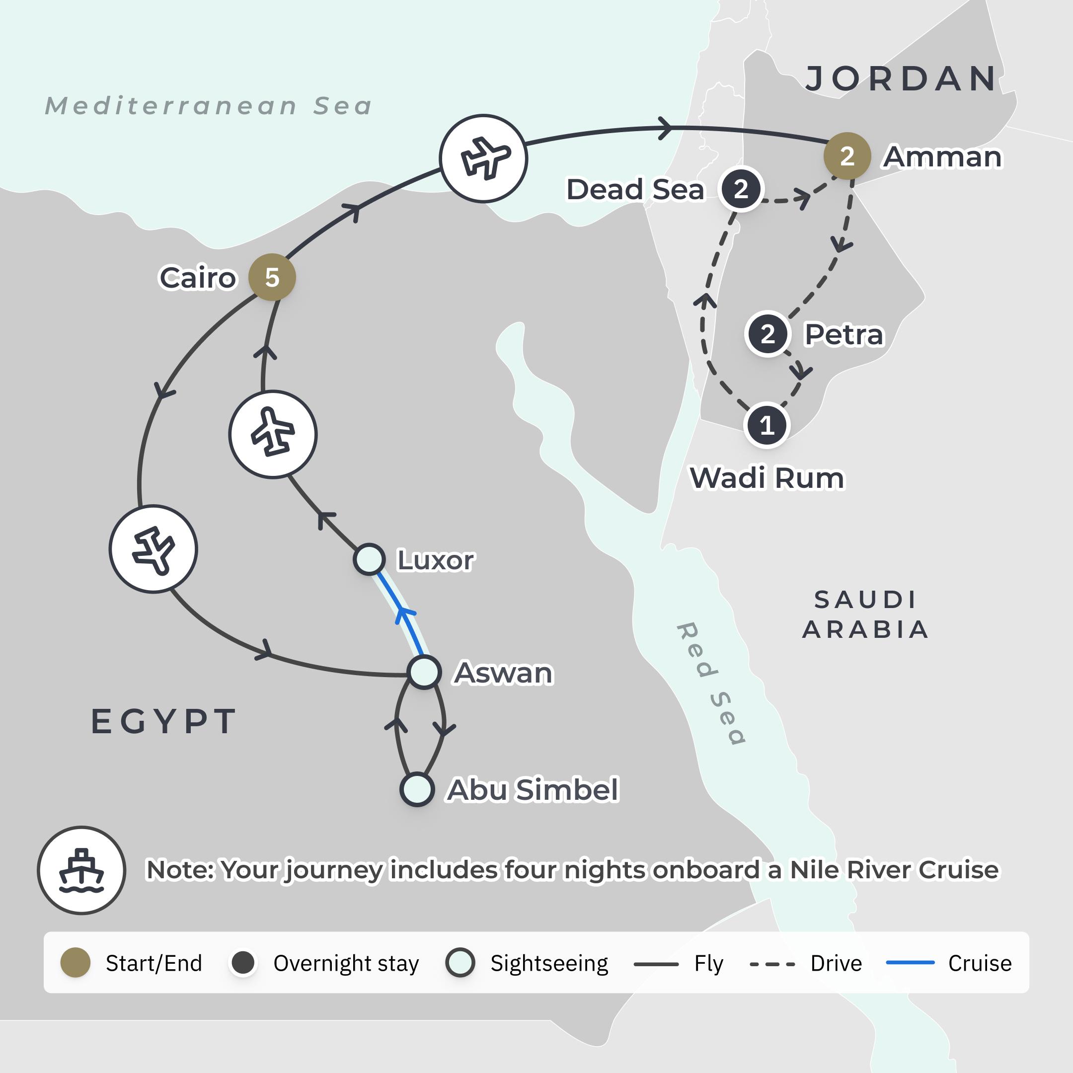 Ultra Lux 17-Day Egypt & Jordan Odyssey with Sanctuary Nile Cruise, Four Seasons & Waldorf Astoria Stays + Wadi Rum Glamping route map
