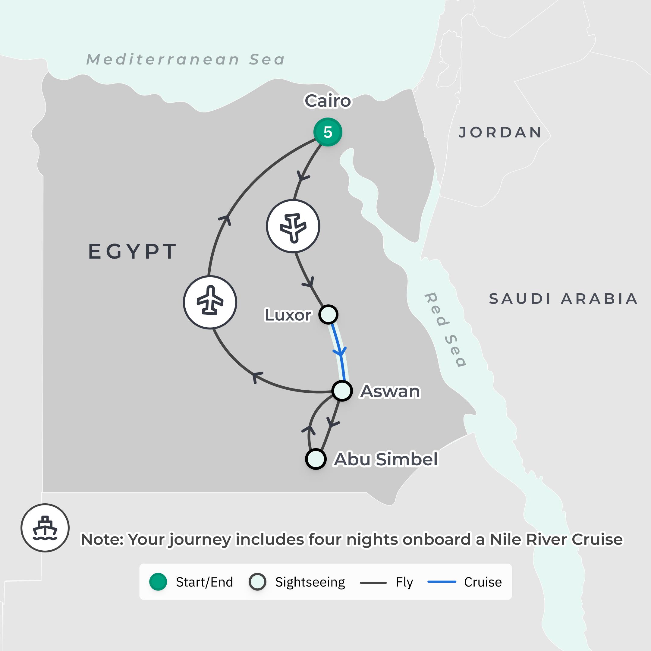 Premium 10-Day Egypt Highlights with Abu Simbel, Aswan & Luxor route map