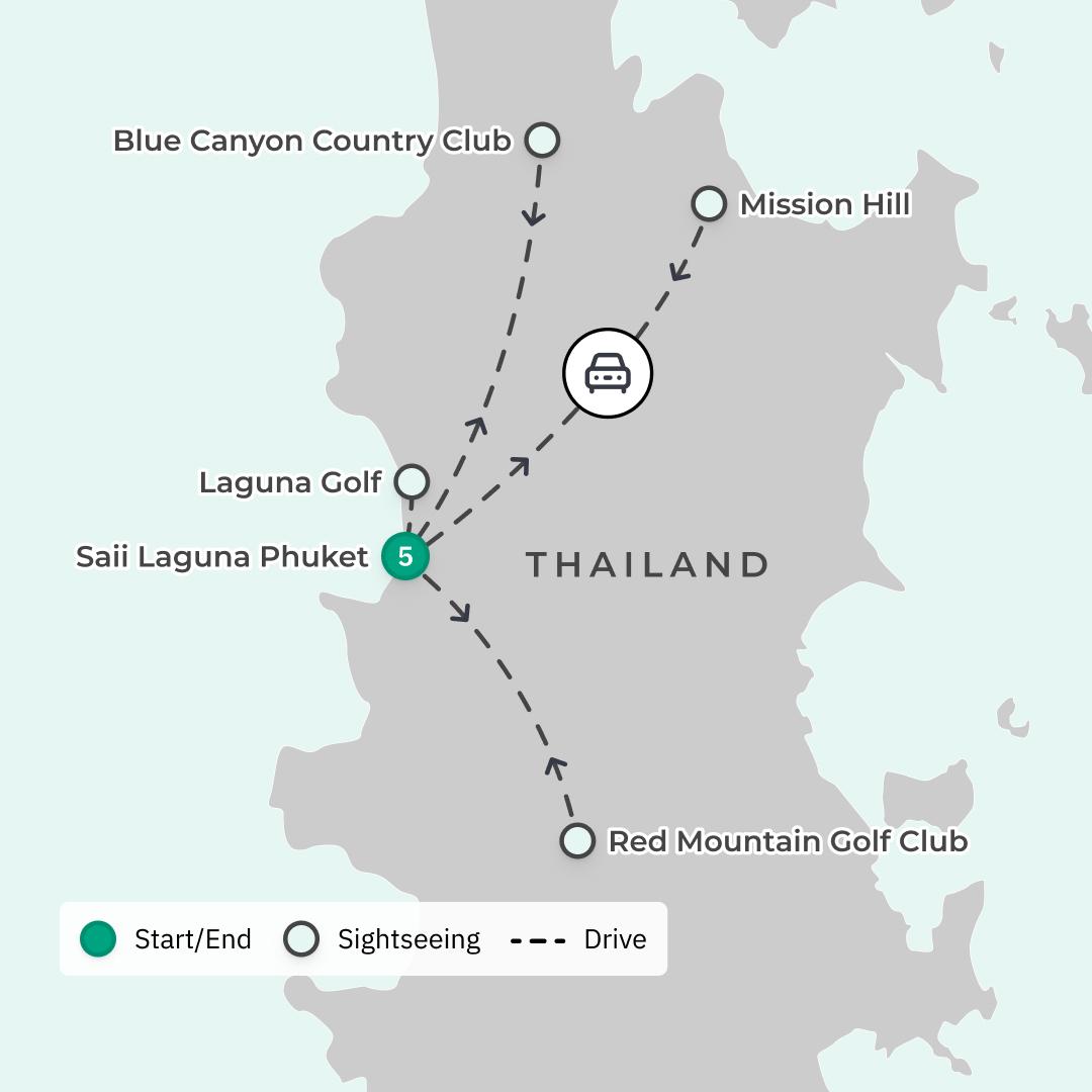 Phuket: Six-Day Golfing Tour with Five-Star Beachside Stay, Sports Massage & Four Championship 18-Hole Caddie Rounds route map