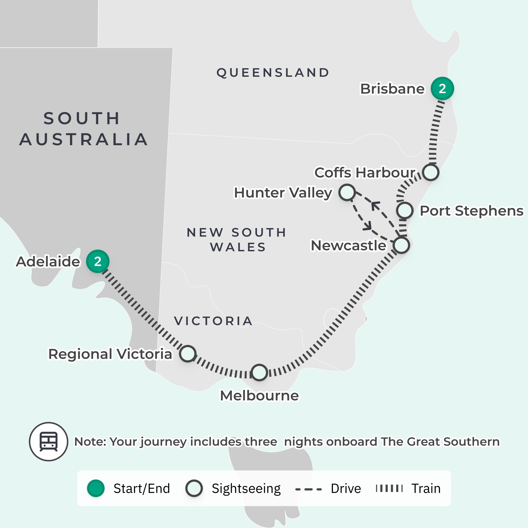 Limited Time Offer: 4-Day Great Southern Rail Journey from Brisbane to Adelaide with BONUS Cabin Upgrade + Penfolds Magill Estate Tour route map