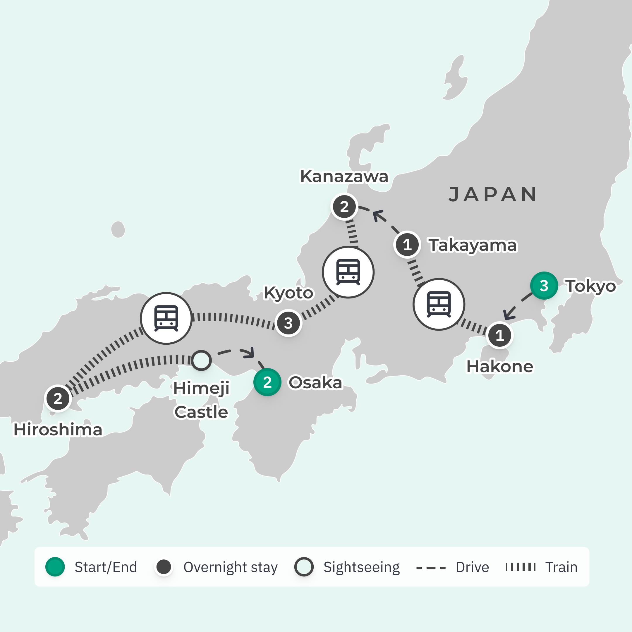 Deluxe 15-Day Best of Japan 2026 with Tokyo, Hiroshima & Osaka  route map
