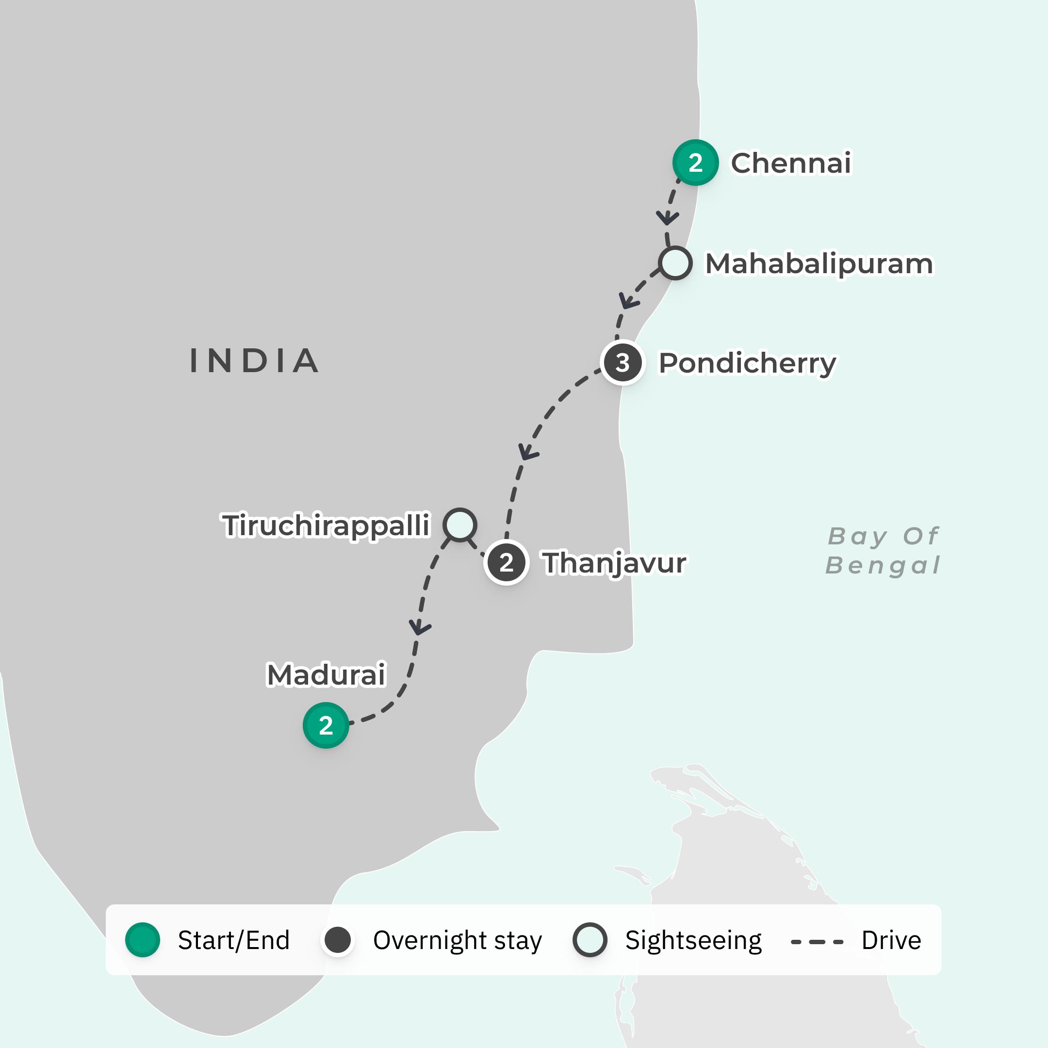 Deluxe 10-Day Southern India Highlights with Chennai, Pondicherry & Thanjavur route map
