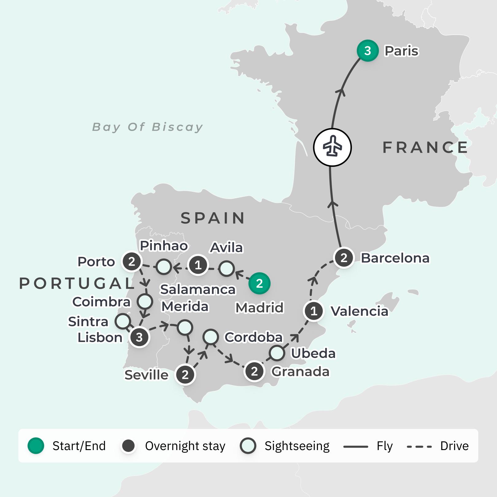 Limited Time Offer: Deluxe 16-Day Spain & Portugal Discovery with Exclusive 3-Night Sofitel Paris Stay route map