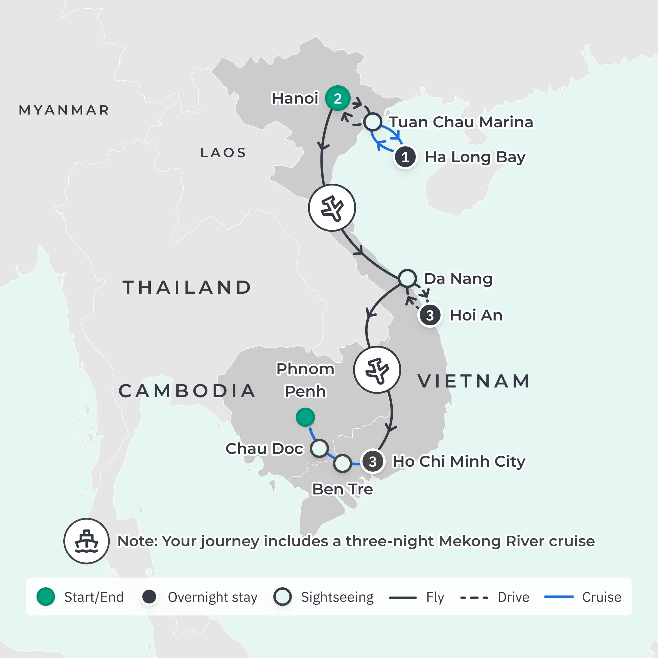 Deluxe 13-Day Vietnam & Cambodia Highlights Tour with Ha Long Bay, Hoi An & Mekong River Cruise route map