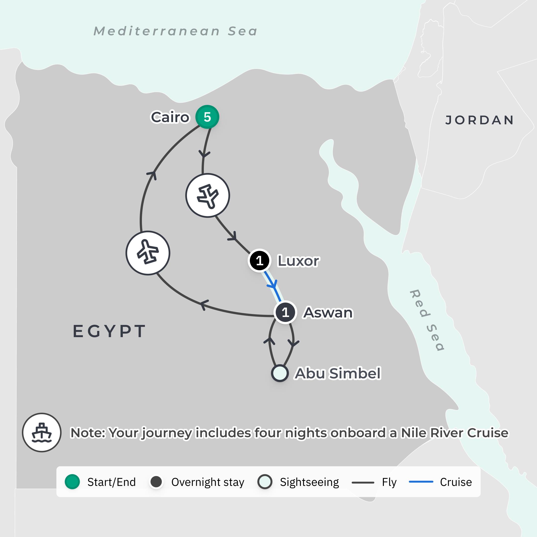 Premium 12-Day Egypt Highlights 2027 with Fairmont Cairo Stay, Abu Simbel & Mövenpick Nile River Cruise route map
