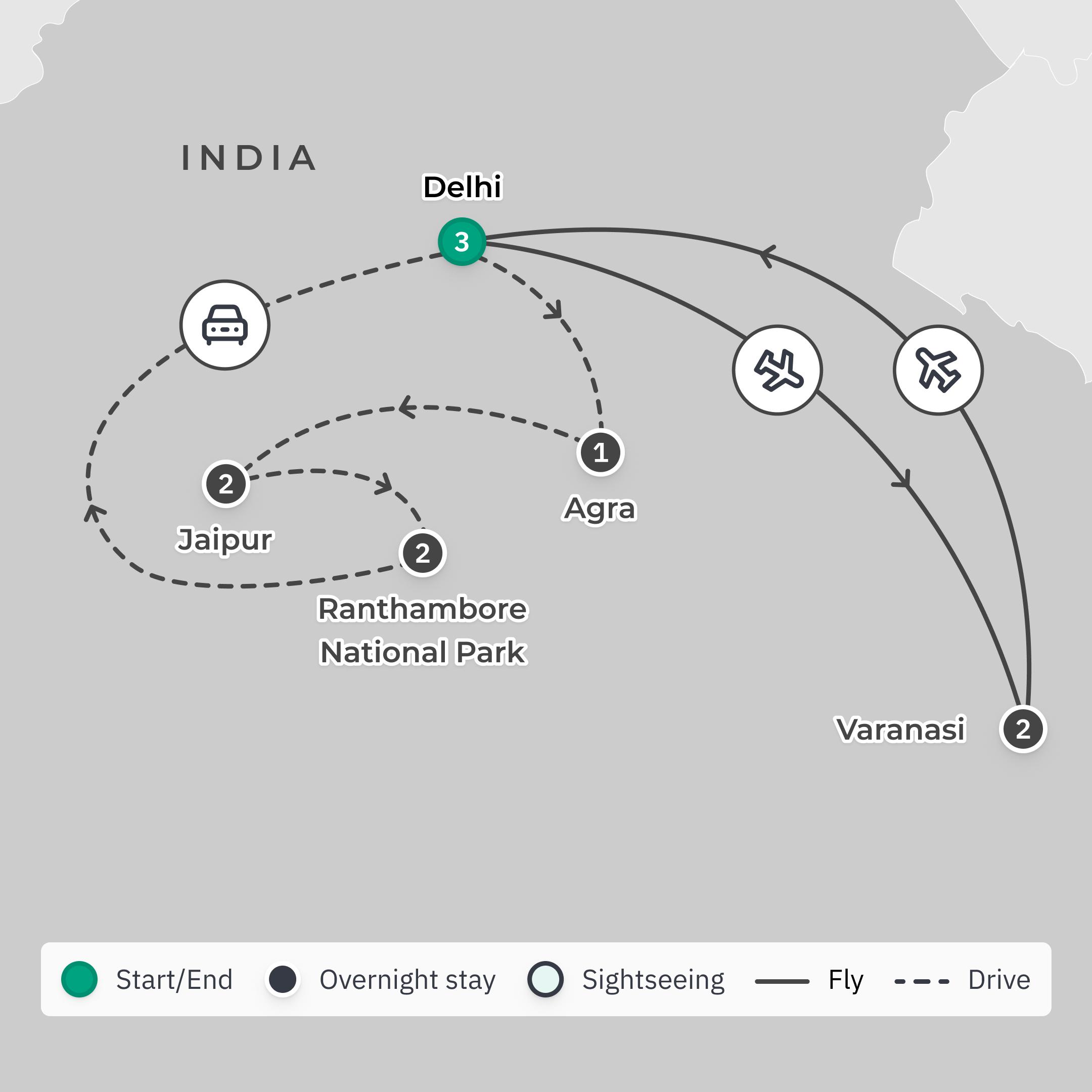 Deluxe 11-Day India Golden Triangle & Varanasi Tour with Ranthambhore National Park & Taj Mahal route map