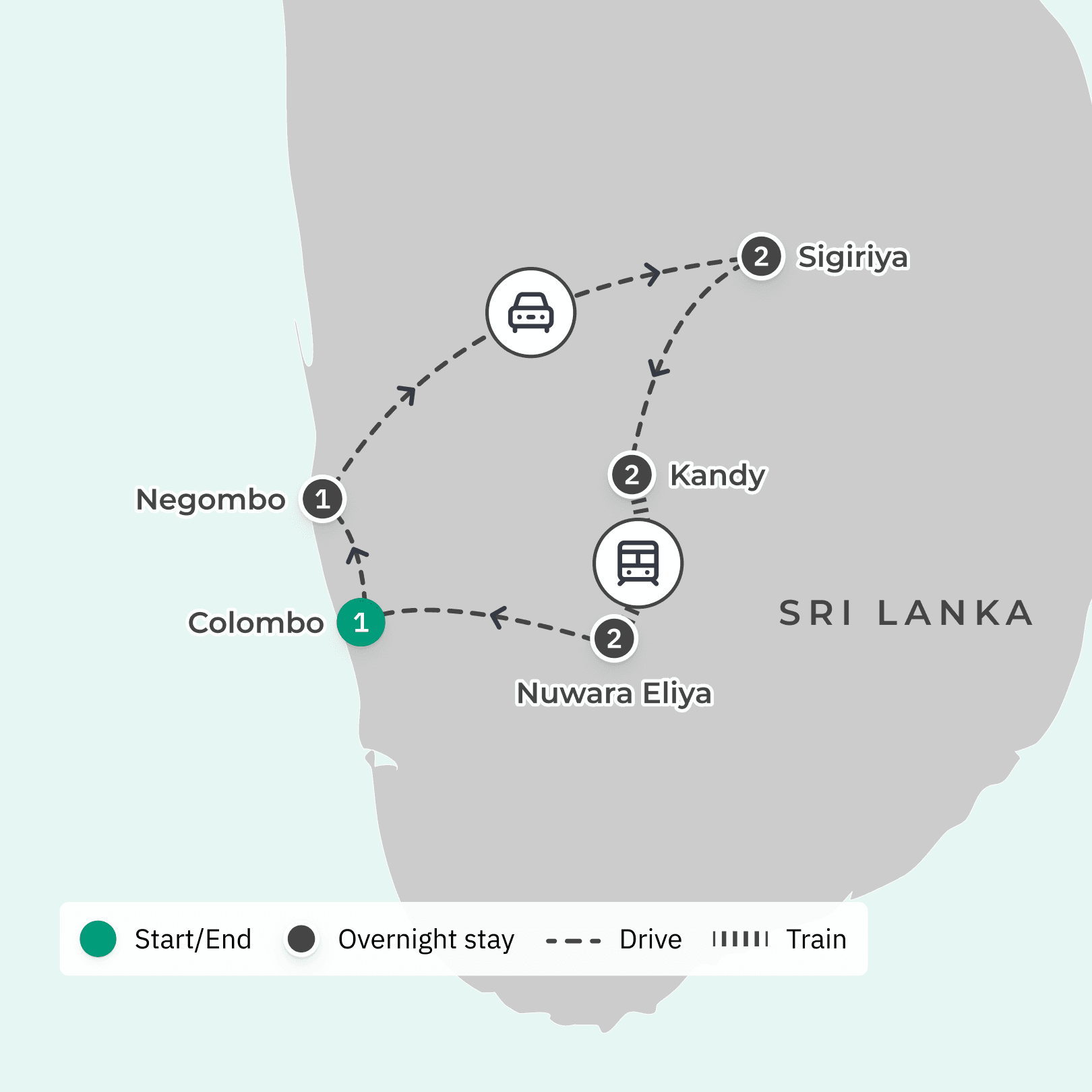 Deluxe 9-Day Sri Lanka Highlights with Sigiriya, Kandy & Nuwara Eliya route map