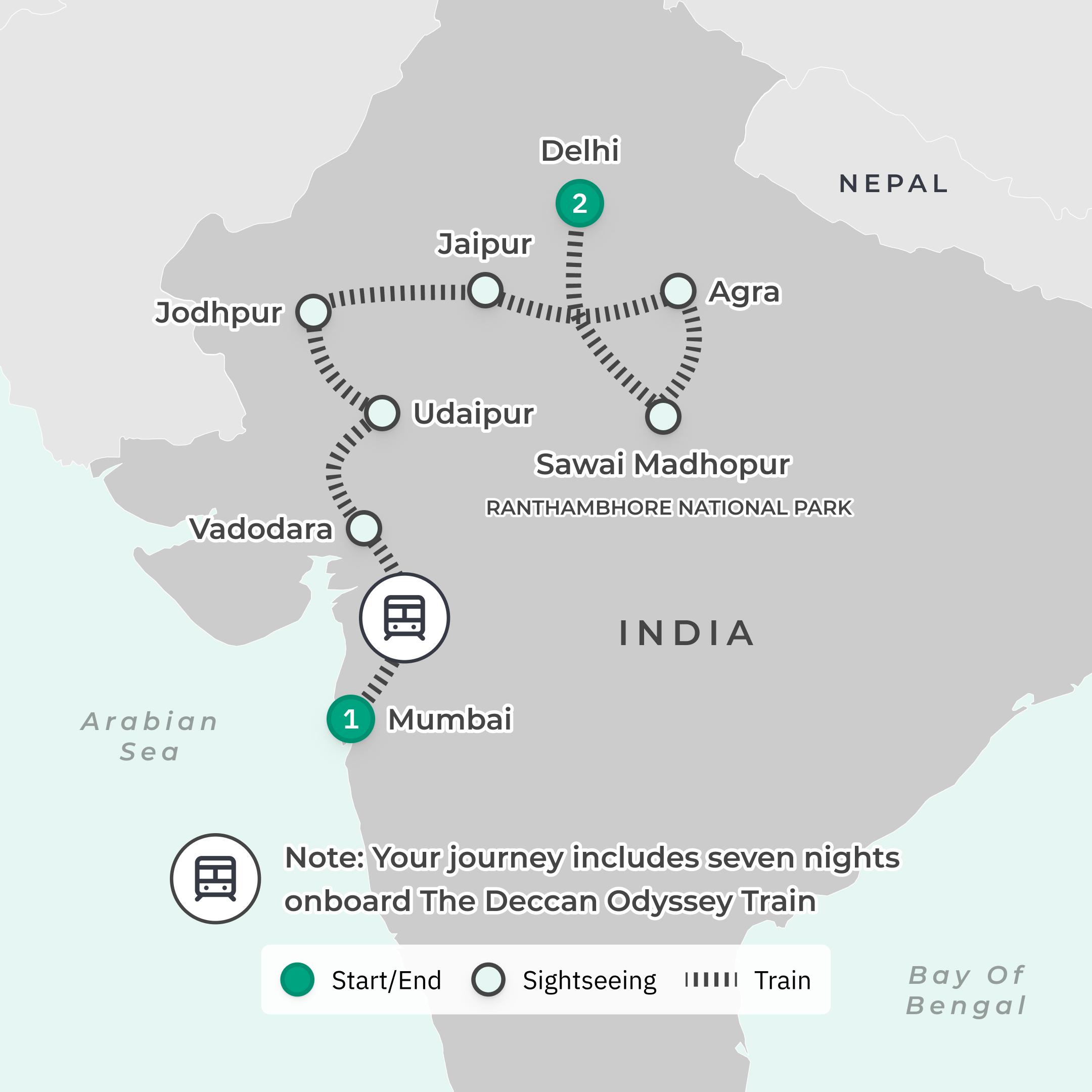De Mumbai à Delhi : voyage ferroviaire de luxe Premium de 11 jours « India Iconic Deccan Sojourn », 2027 route map