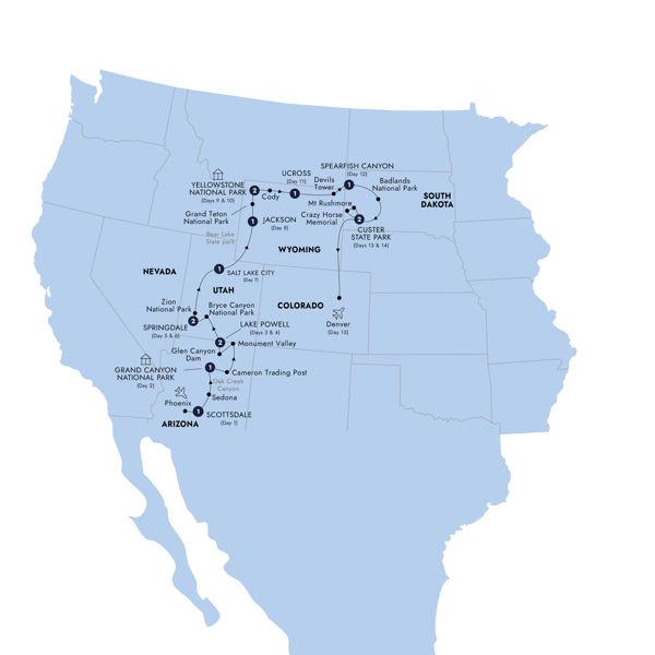 America's Magnificent National Parks - end Denver, Classic Group route map