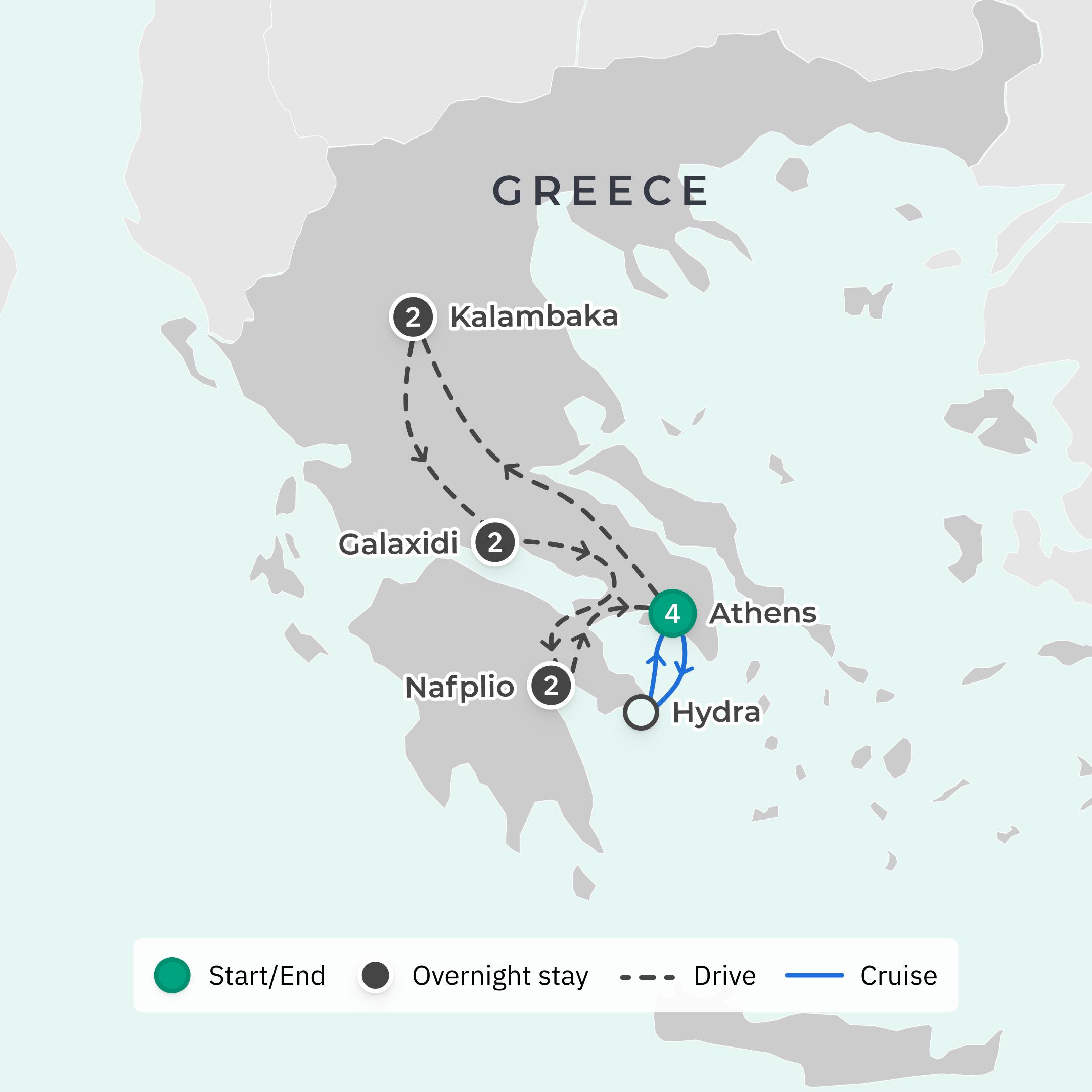 Deluxe 11-Day Ancient Greece Discovery with Athens, Meteora & Hydra route map