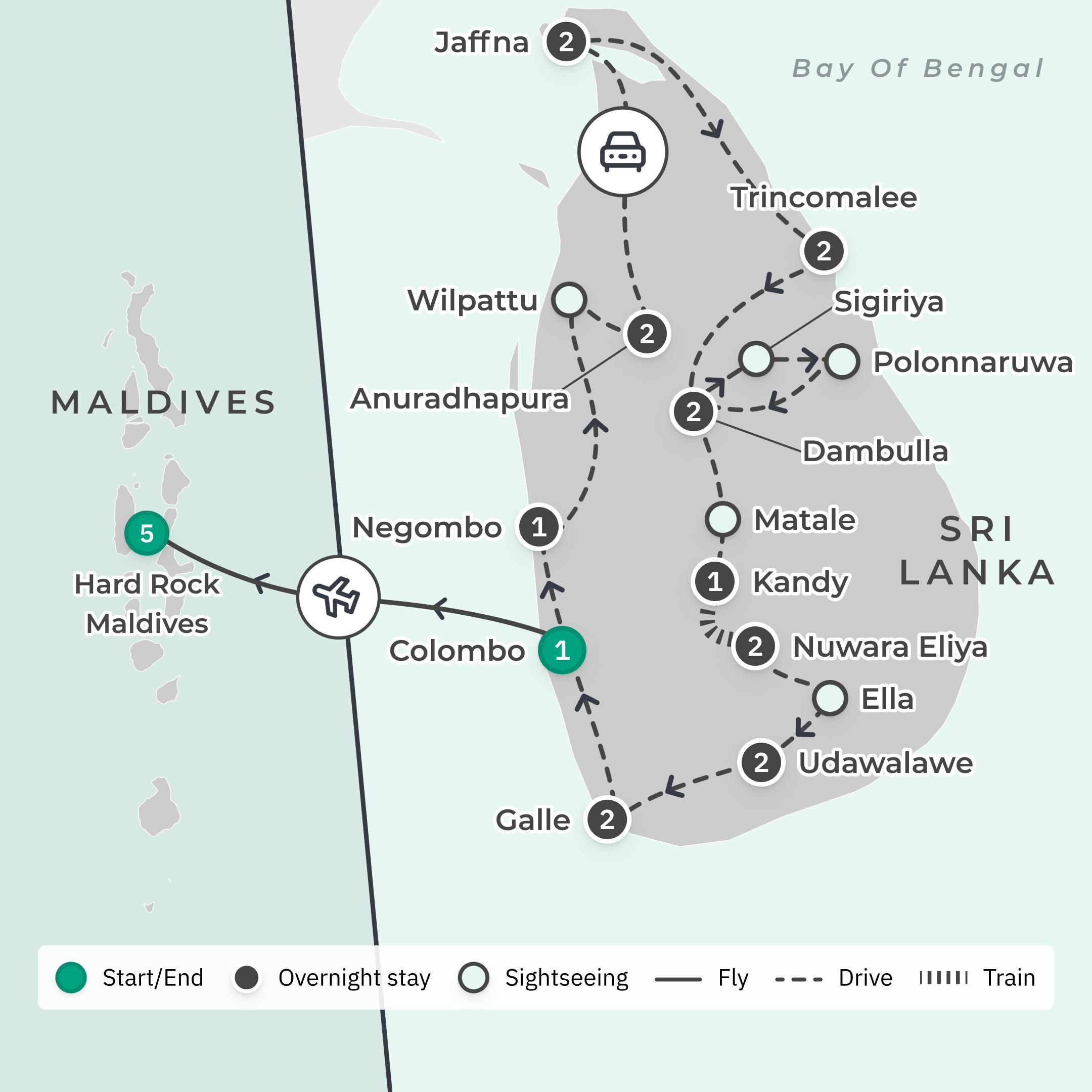 Limited Time Offer: 18-Day Sri Lanka North to South Discovery + 5-Night All-Inclusive Hard Rock Maldives Stay route map