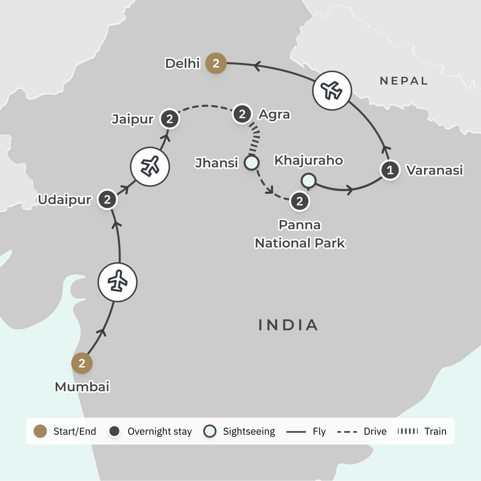 Treasures of India Ultra-Lux Small-Group Tour with Palace Stays, Lake Pichola Cruise, Taj Mahal & Panna National Park Safari route map