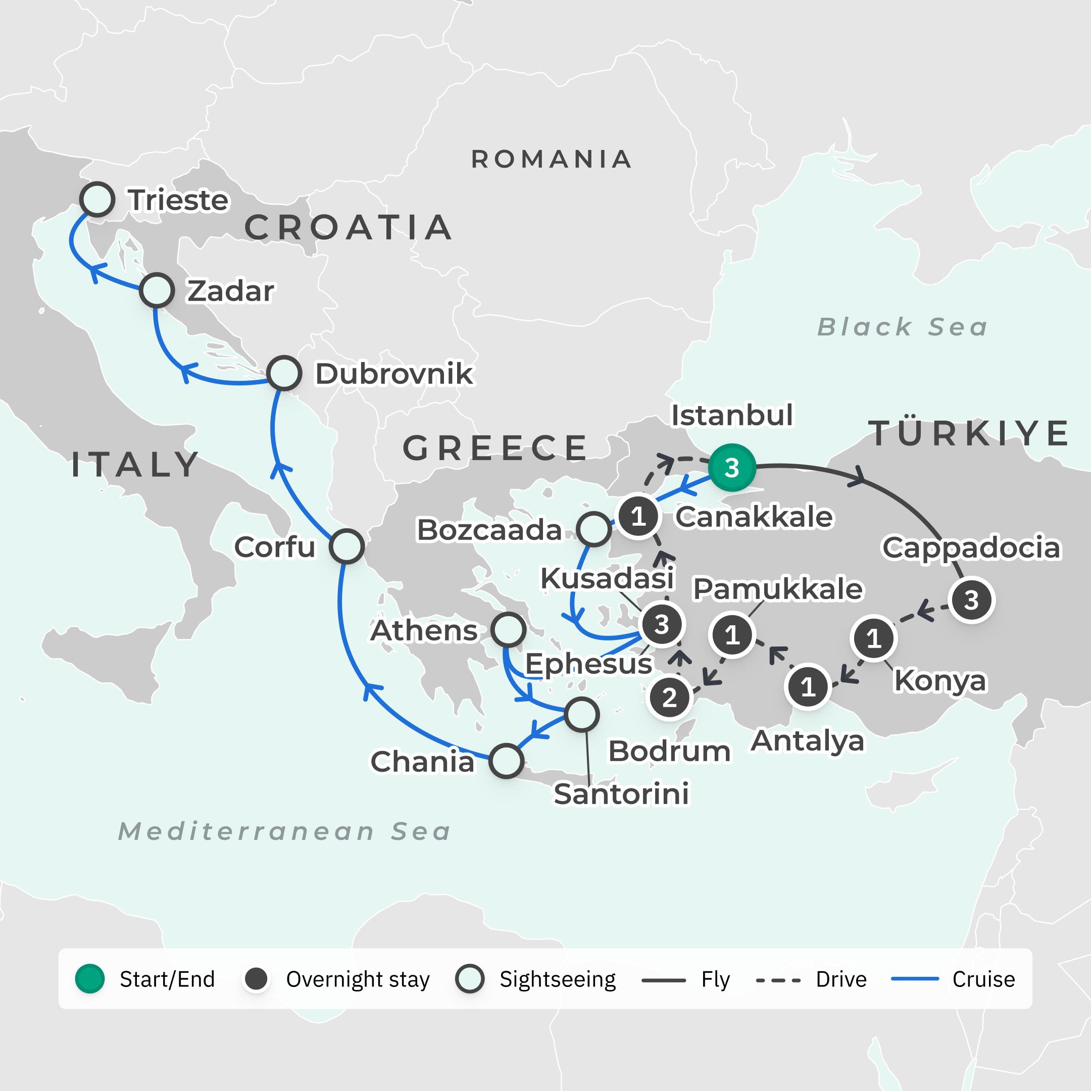 Limited Time Offer: 16-Day Best of Türkiye with All-Inclusive Oceania Mediterranean Cruise route map
