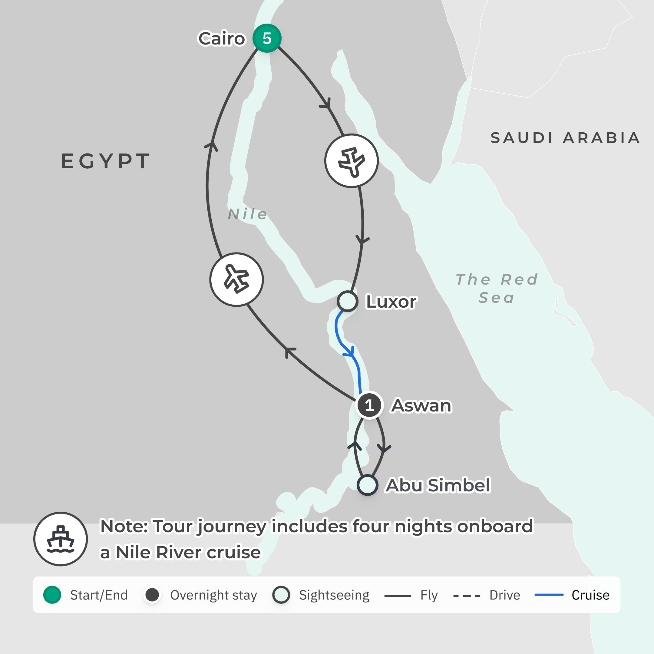 Signature Series: 11-Day Egypt Highlights Tour with Mövenpick Nile River Cruise, Abu Simbel with Grand Designs Australia Host Anthony Burke route map