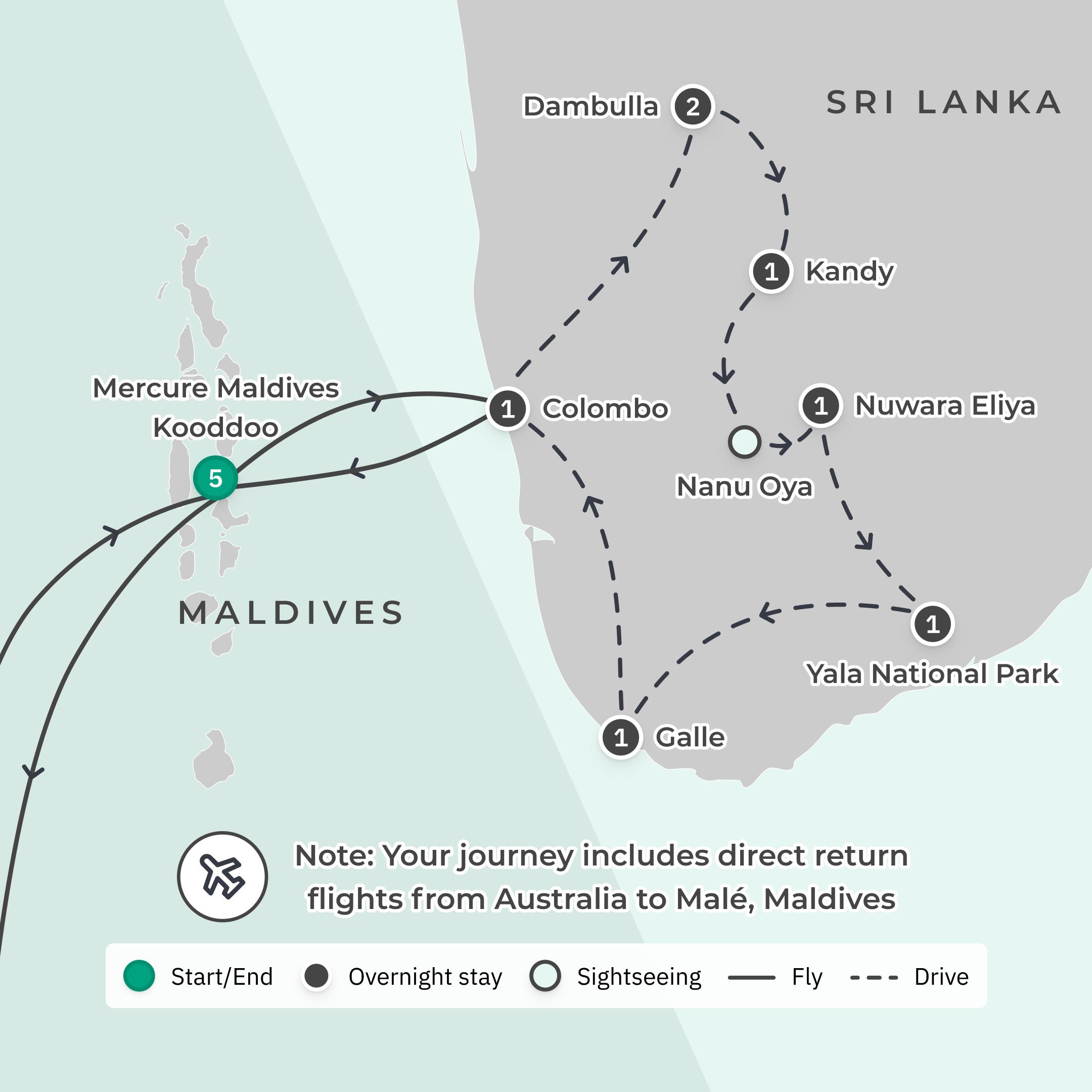 Deluxe 8-Day Sri Lanka Tour + 5-Night All-Inclusive Mercure Maldives Stay with Return International Flights route map