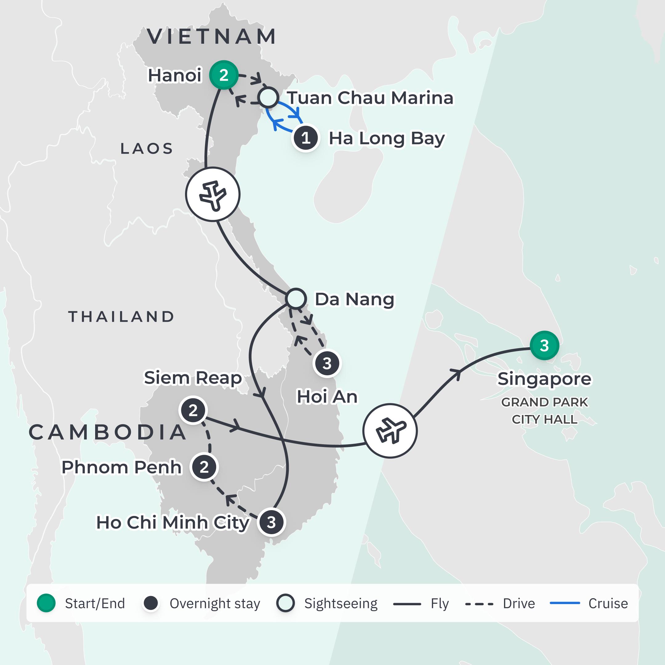 Limited Time Offer: Deluxe 14-Day Vietnam & Cambodia Tour with Ha Long Bay + 3-Night Singapore Stay route map