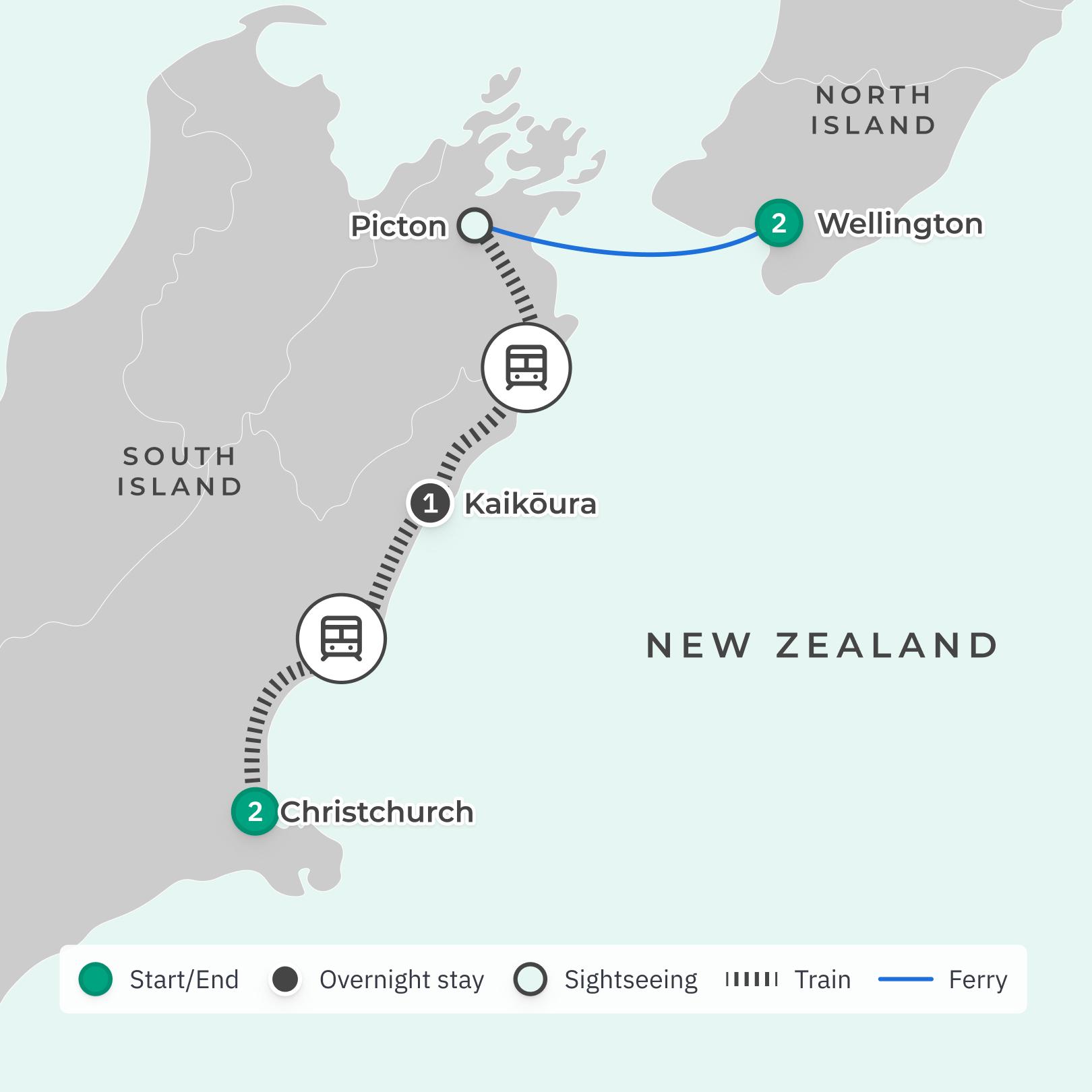 New Zealand: 6-Day Small-Group Tour from Christchurch to Wellington with Coastal Pacific Rail Journey, Marlborough Sounds Cruise & Scenic Helicopter Flight route map