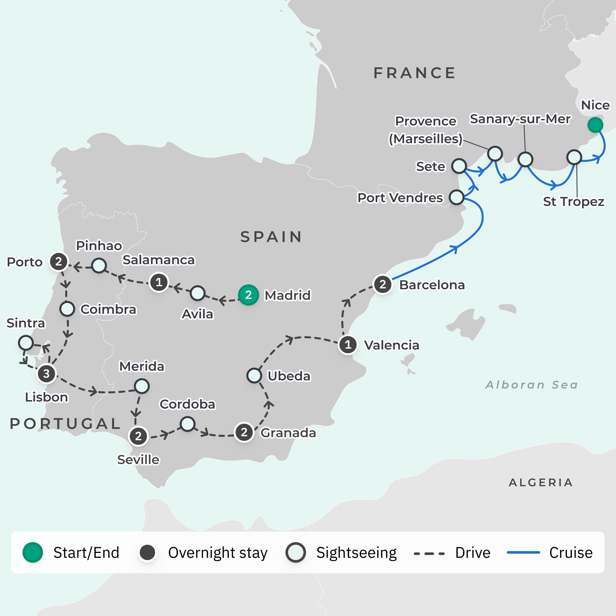  Limited Time Offer: Deluxe 16-Day Spain & Portugal Discovery with 8-Day Azamara South of France Cruise route map